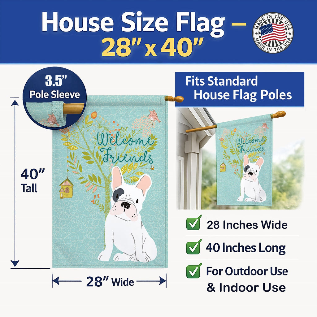 Welcome Friends Piebald French Bulldog House Flag 28x40 Porch Sleeve Pole Decorative Outside Yard Banner Artwork Wall Hanging, Polyester