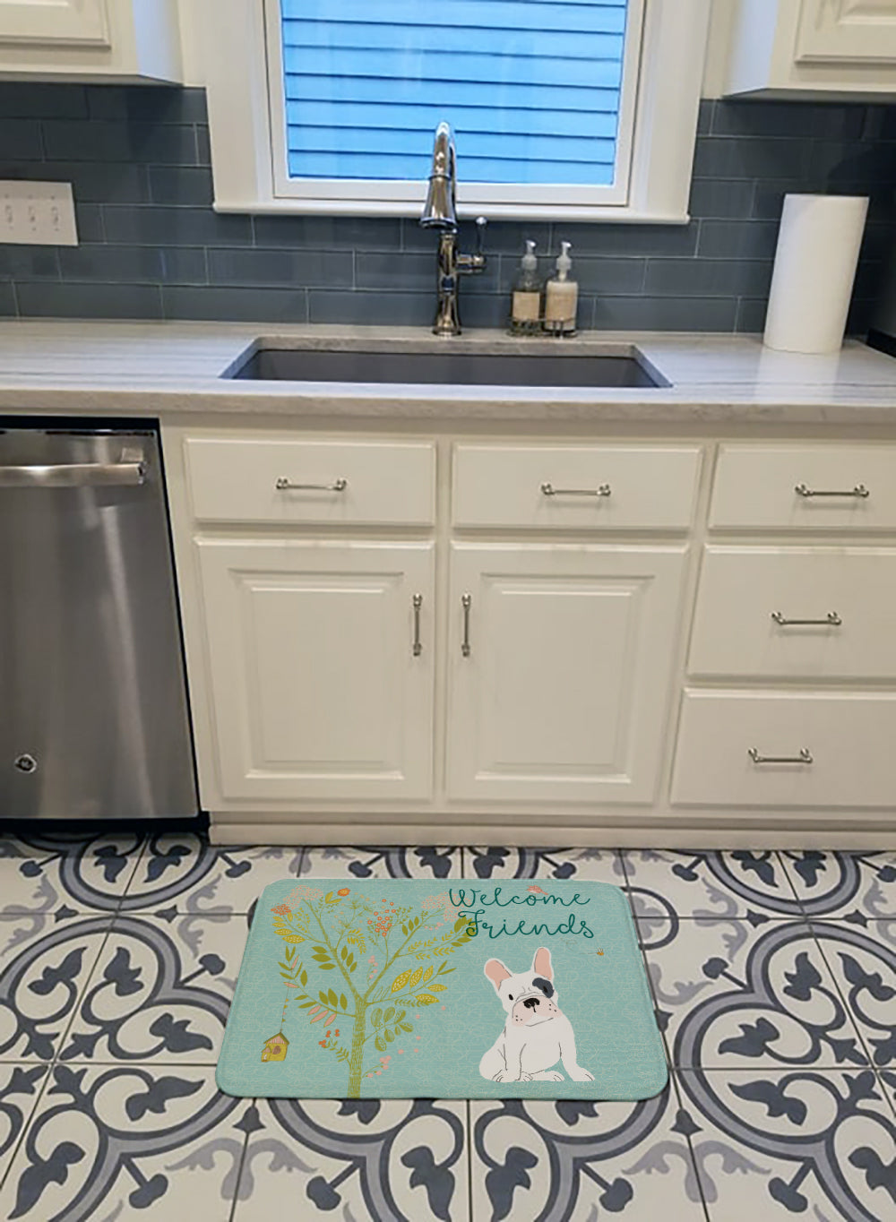 Welcome Friends Piebald French Bulldog Memory Foam Kitchen Mat Machine Washable Anti-Fatigue Cushion Comfort Bath or Kitchen Rug