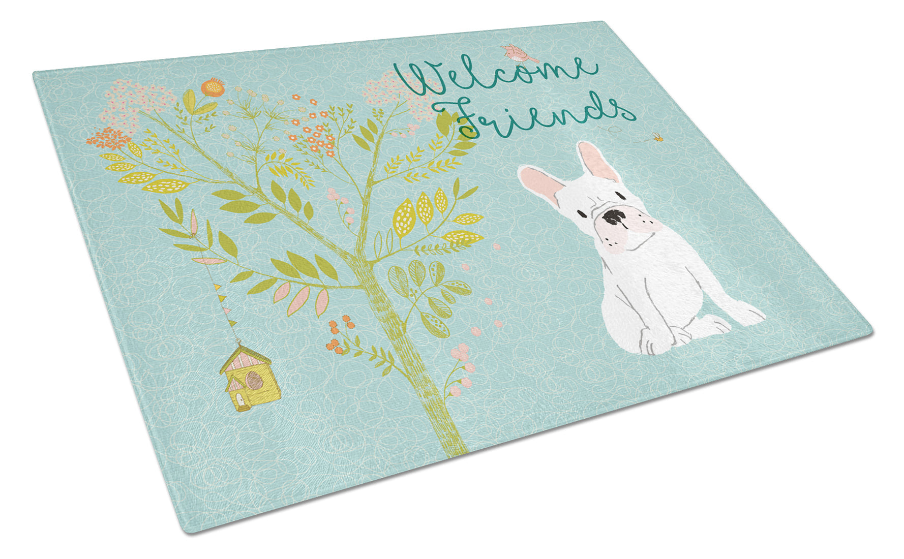 Welcome Friends White French Bulldog Cutting Board Tempered Glass Kitchen Cutting Surface, Heat Resistant Chopping, Non-Slip Feet, Food Prep & Serving