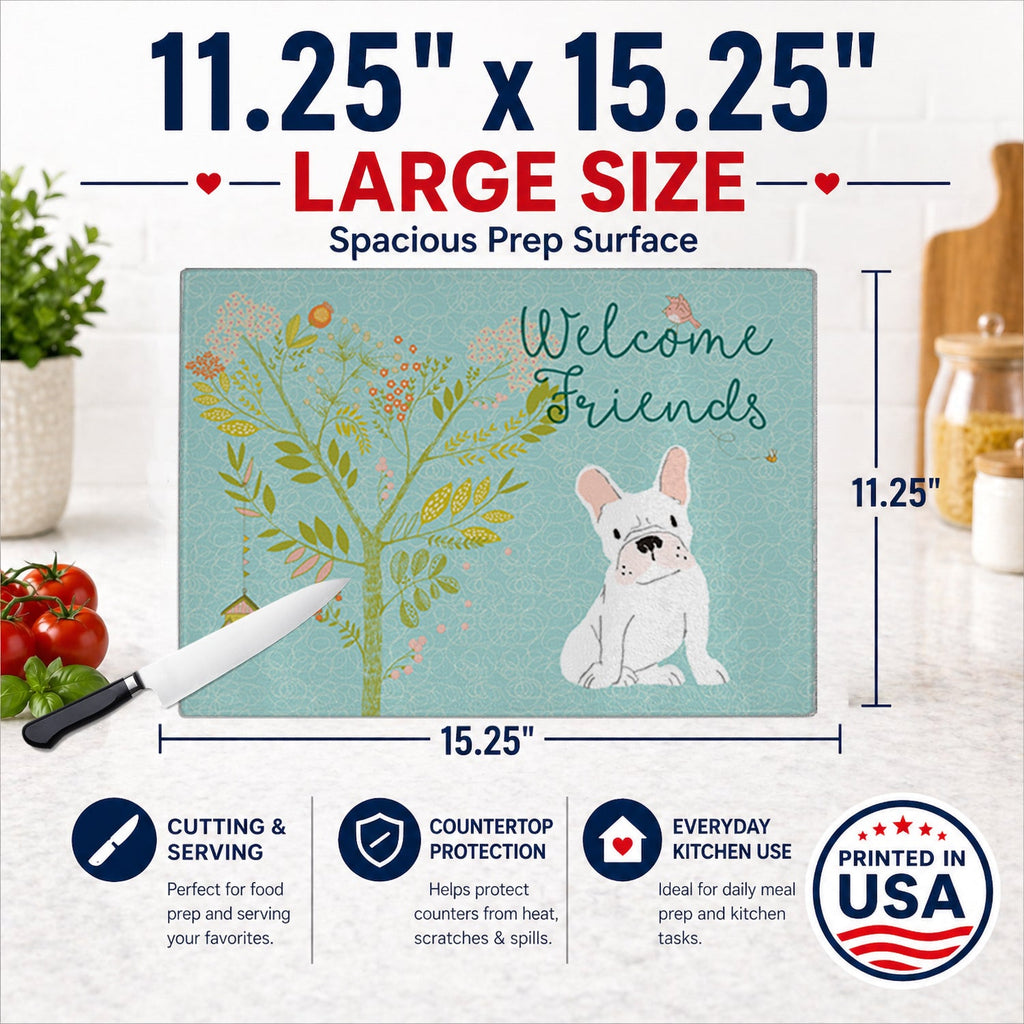 Welcome Friends White French Bulldog Cutting Board Tempered Glass Kitchen Cutting Surface, Heat Resistant Chopping, Non-Slip Feet, Food Prep & Serving