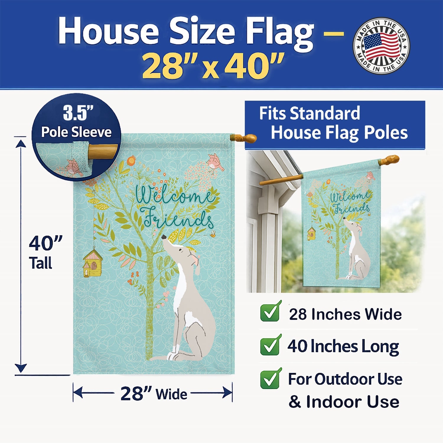 Welcome Friends Italian Greyhound House Flag 28x40 Porch Sleeve Pole Decorative Outside Yard Banner Artwork Wall Hanging, Polyester