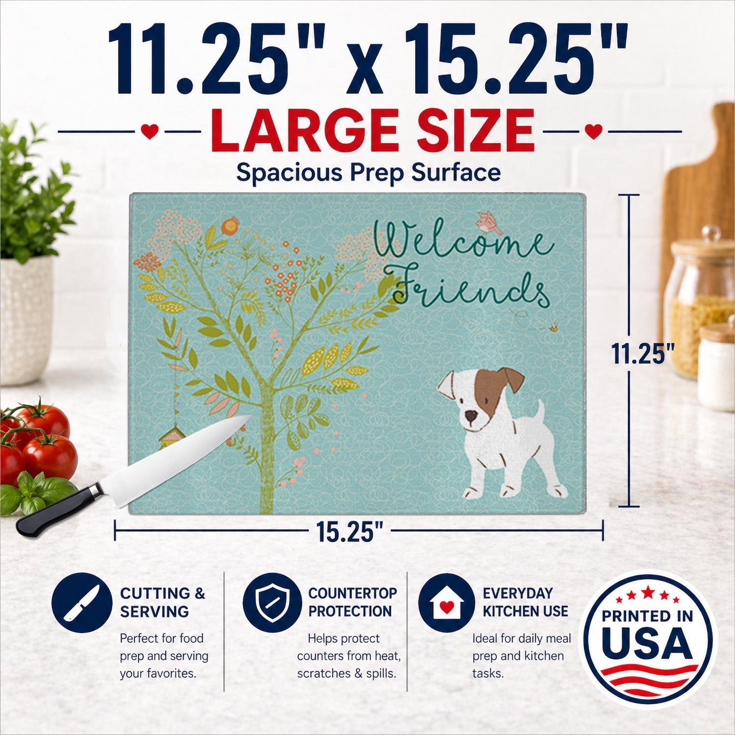 Welcome Friends Jack Russell Terrier Puppy Cutting Board Tempered Glass Kitchen Cutting Surface, Heat Resistant Chopping, Non-Slip Feet, Food Prep & Serving