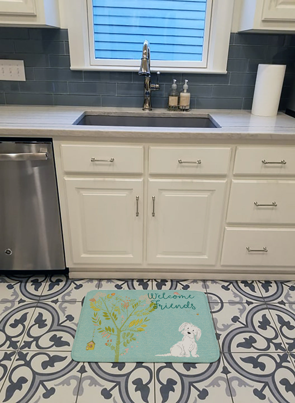 Welcome Friends Maltese Memory Foam Kitchen Mat Machine Washable Anti-Fatigue Cushion Comfort Bath or Kitchen Rug