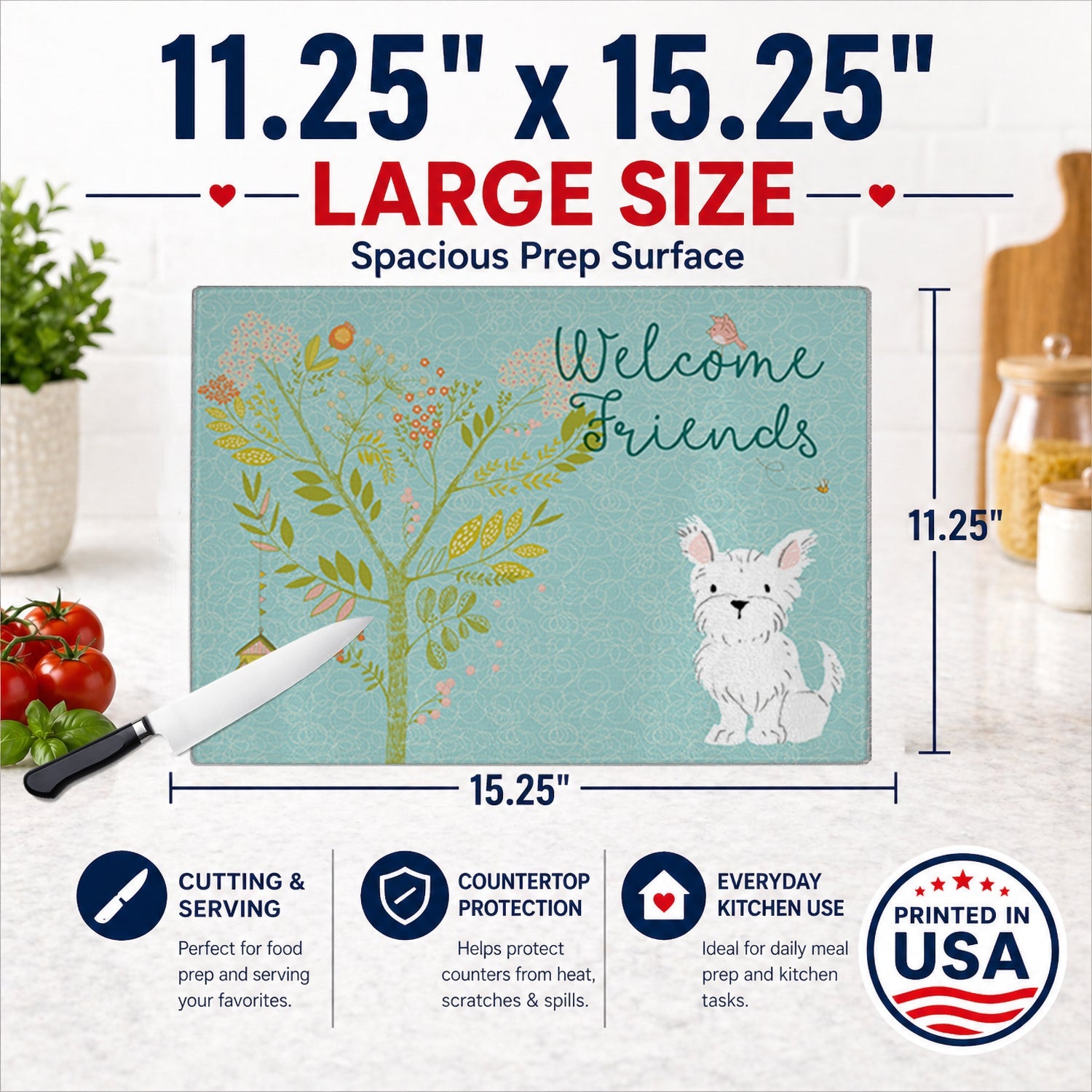 Welcome Friends Westie Cutting Board Tempered Glass Kitchen Cutting Surface, Heat Resistant Chopping, Non-Slip Feet, Food Prep & Serving