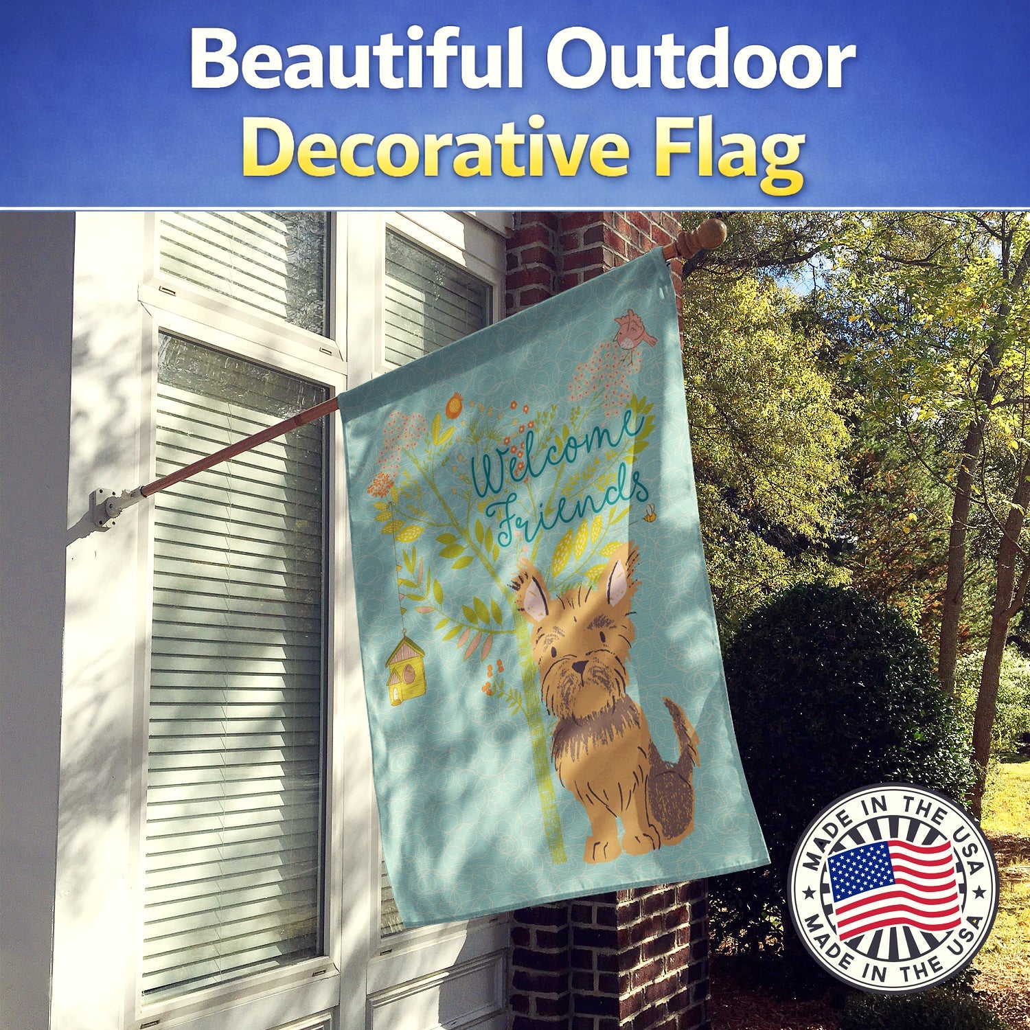Welcome Friends Yorkie House Flag 28x40 Porch Sleeve Pole Decorative Outside Yard Banner Artwork Wall Hanging, Polyester