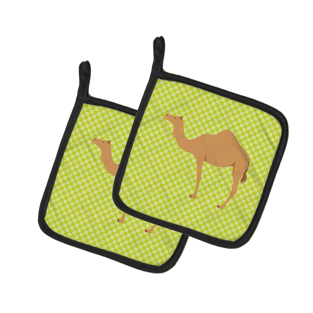 Arabian Camel Dromedary Green Pot Holder Set of 2 Heat Resistant Quilted Hot Pads 7.5 x 7.5 Inch, Insulated Kitchen Trivets for Cooking & Baking