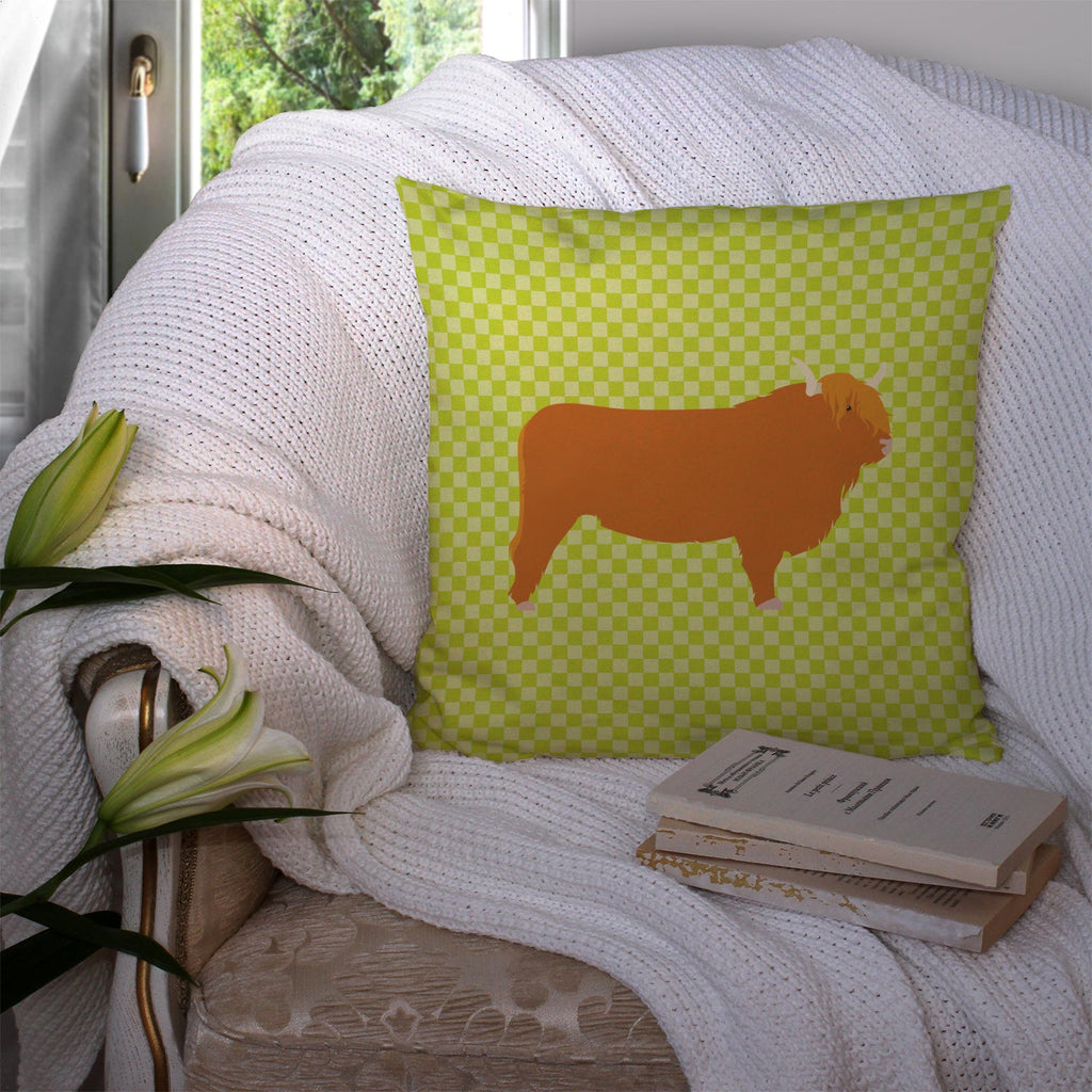 Highland Cow Green Decorative Throw Pillow 14x14 Indoor Outdoor Accent Cushion, Fabric Cover with Insert for Sofa, Bed, Porch & Living Room