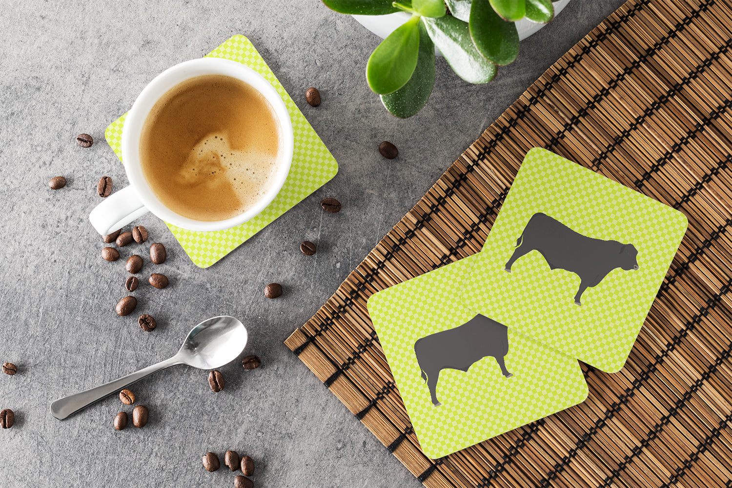 Black Angus Cow Green Foam Coasters Set of 4 Cup Coasters for Indoor Outdoor, Tabletop Protection, Anti Slip, Mouse pad Material