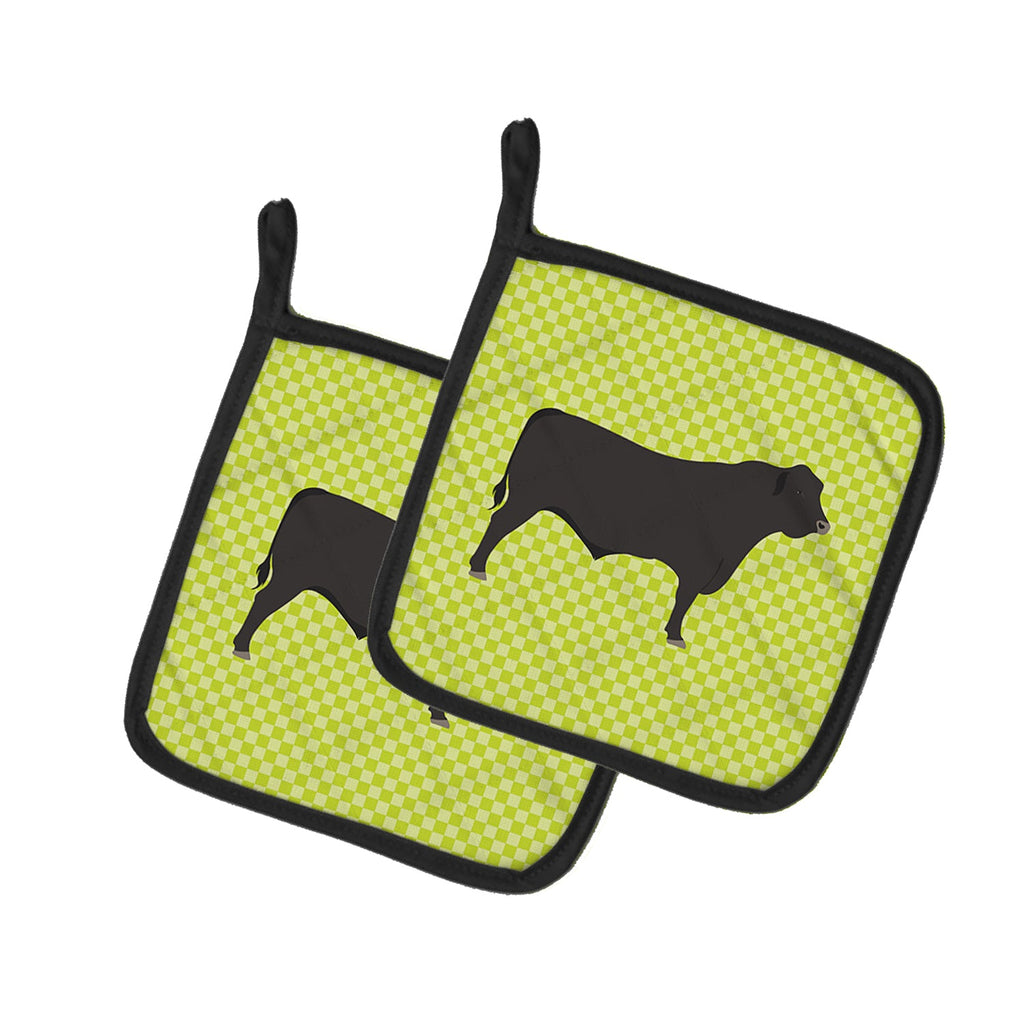 Black Angus Cow Green Pot Holder Set of 2 Heat Resistant Quilted Hot Pads 7.5 x 7.5 Inch, Insulated Kitchen Trivets for Cooking & Baking
