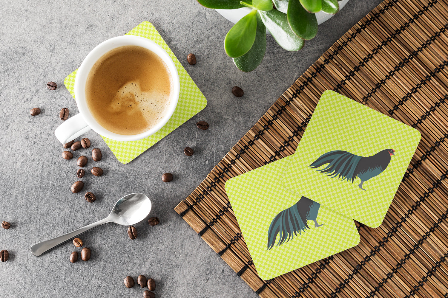 Sumatra Chicken Green Foam Coasters Set of 4 Cup Coasters for Indoor Outdoor, Tabletop Protection, Anti Slip, Mouse pad Material