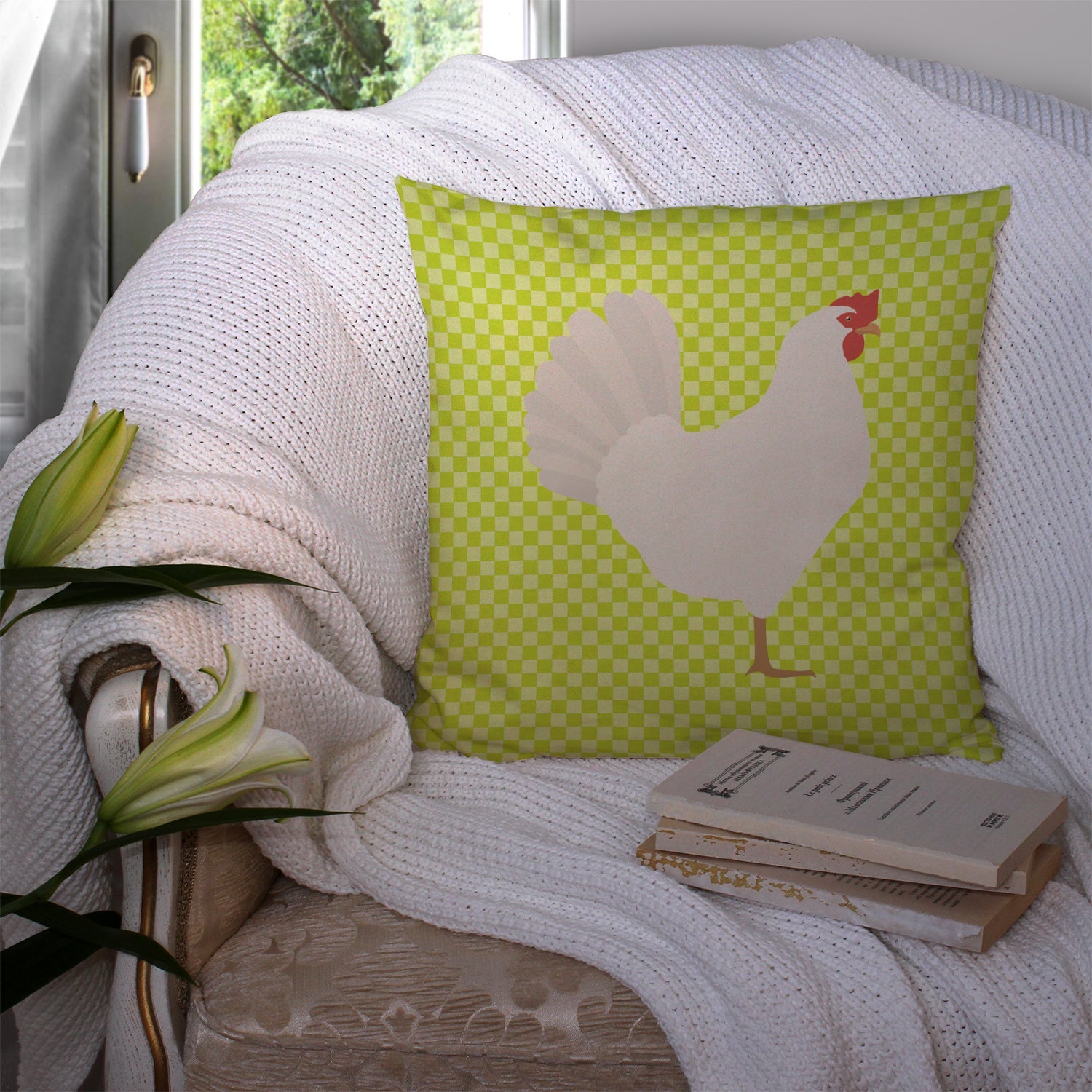 Leghorn Chicken Green Decorative Throw Pillow 14x14 Indoor Outdoor Accent Cushion, Fabric Cover with Insert for Sofa, Bed, Porch & Living Room