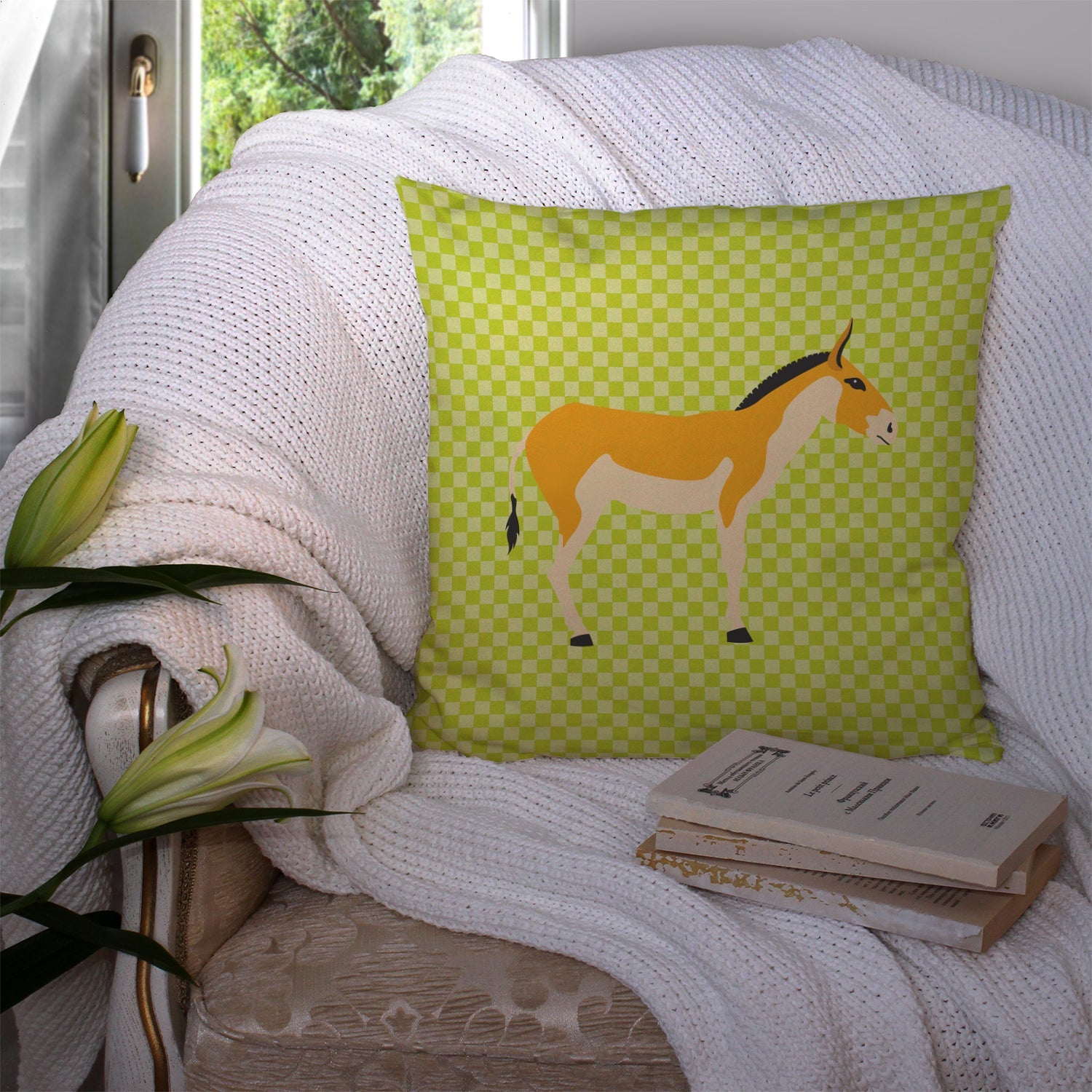 Turkmenian Kulan Donkey Green Decorative Throw Pillow 14x14 Indoor Outdoor Accent Cushion, Fabric Cover with Insert for Sofa, Bed, Porch & Living Room
