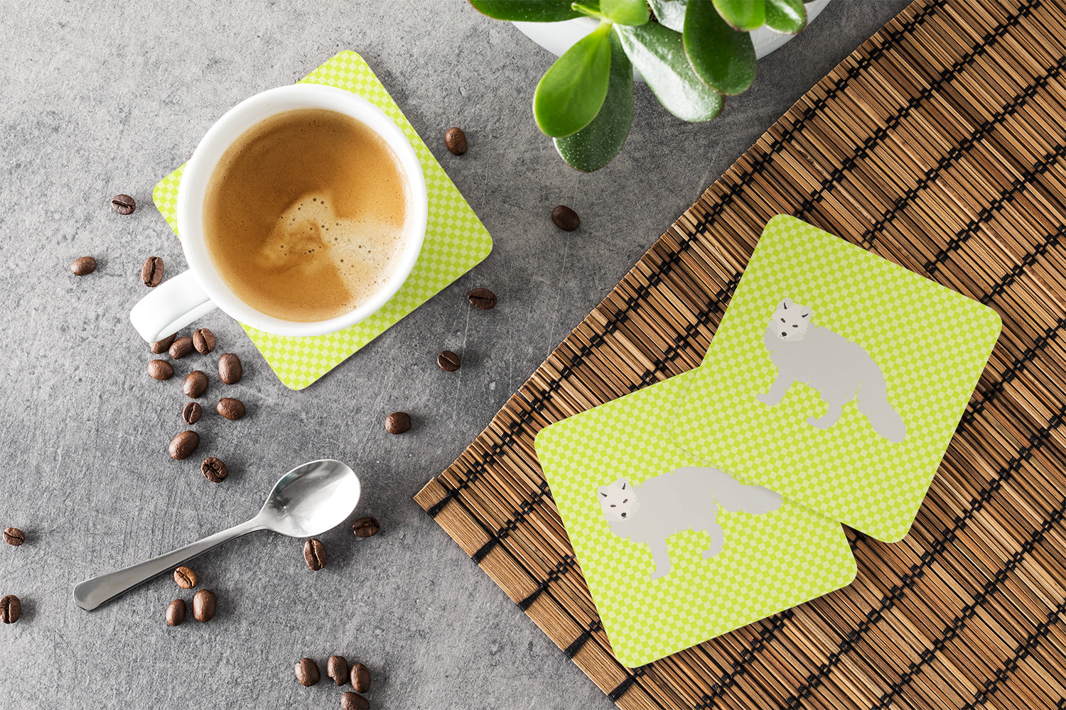 White Arctic Fox Green Foam Coasters Set of 4 Cup Coasters for Indoor Outdoor, Tabletop Protection, Anti Slip, Mouse pad Material