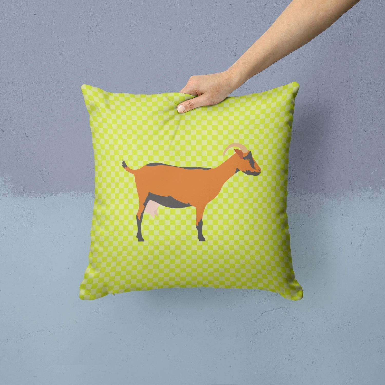 Oberhasli Goat Green Decorative Throw Pillow 14x14 Indoor Outdoor Accent Cushion, Fabric Cover with Insert for Sofa, Bed, Porch & Living Room