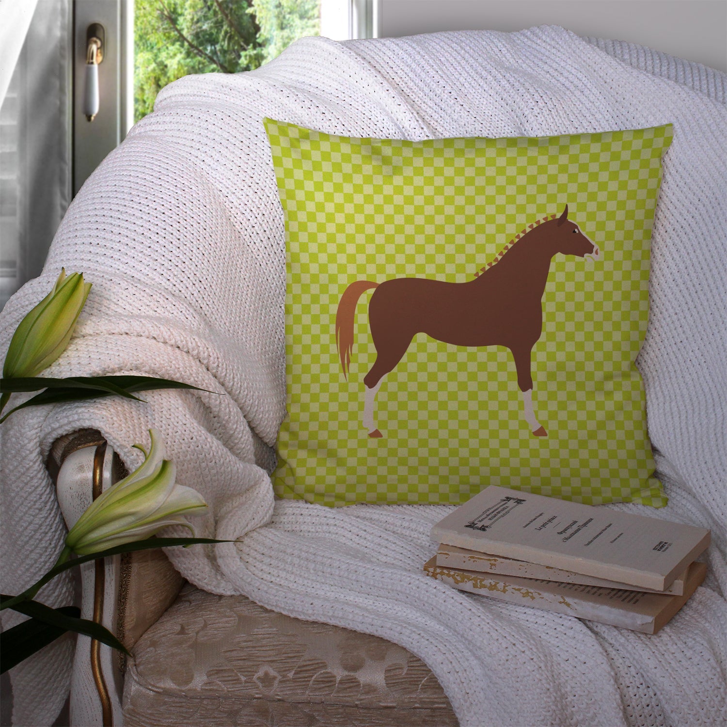 Hannoverian Horse Green Decorative Throw Pillow 14x14 Indoor Outdoor Accent Cushion, Fabric Cover with Insert for Sofa, Bed, Porch & Living Room