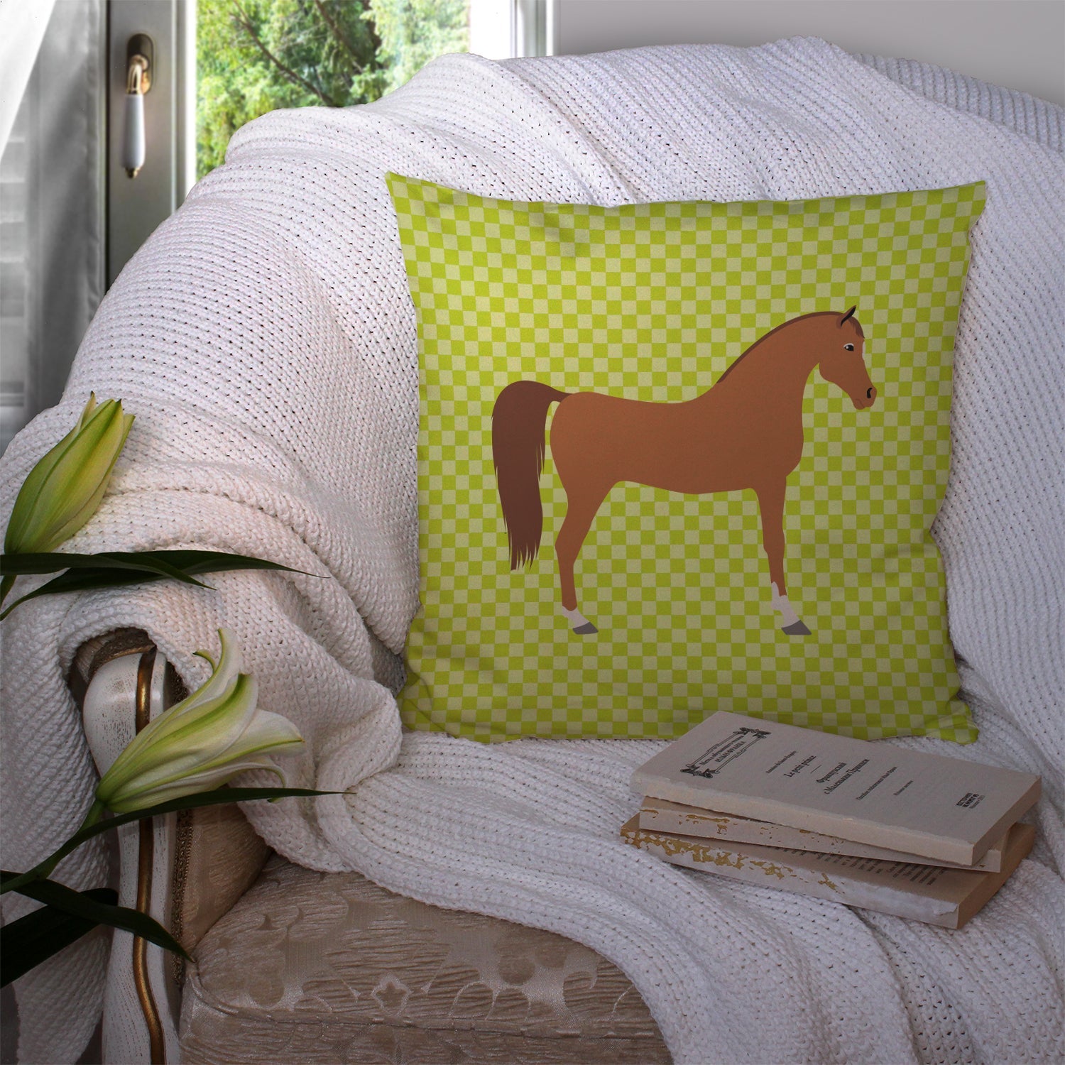 Arabian Horse Green Decorative Throw Pillow 14x14 Indoor Outdoor Accent Cushion, Fabric Cover with Insert for Sofa, Bed, Porch & Living Room