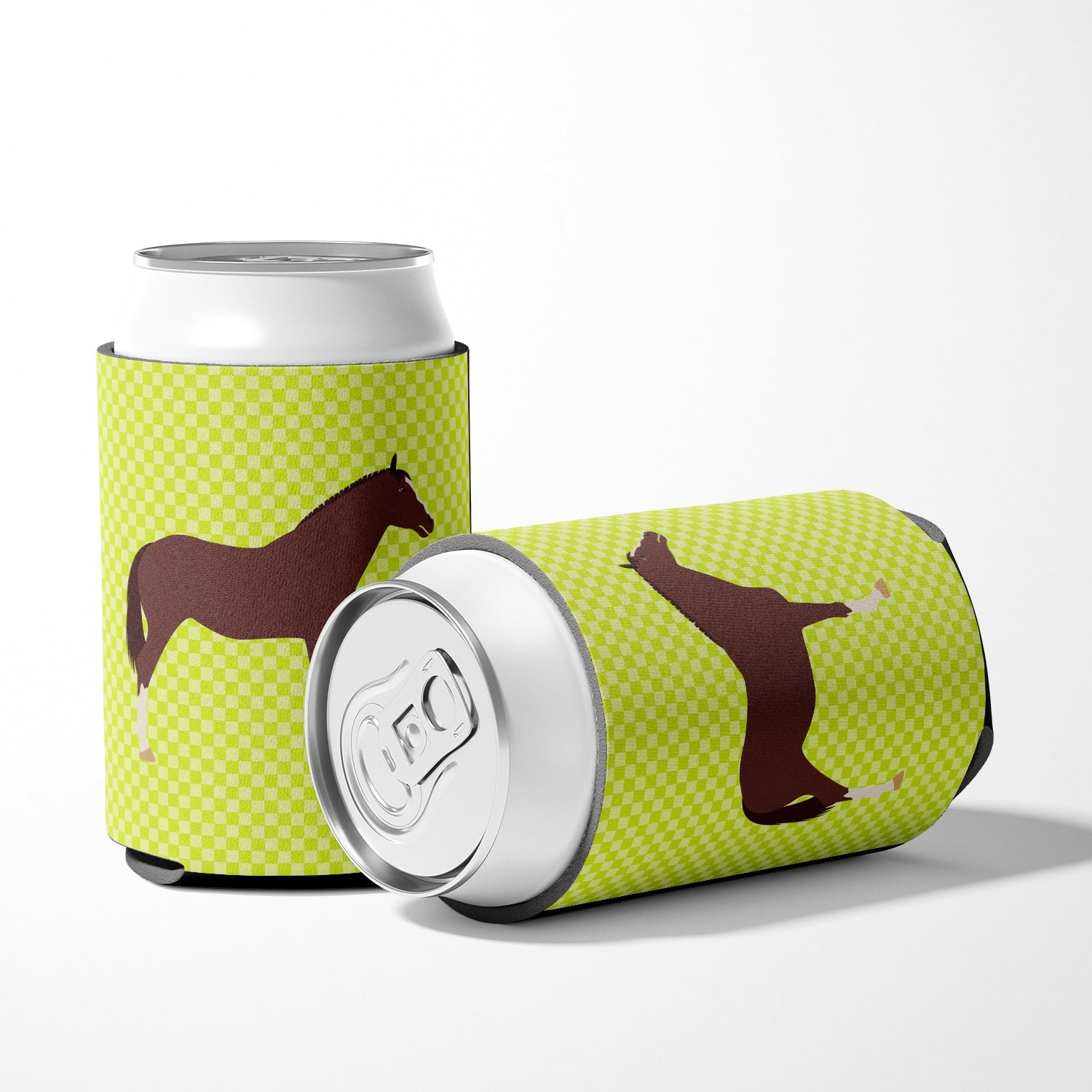 English Thoroughbred Horse Green Can or Bottle Hugger Cooler Sleeve for Standard 12 oz Cans, Insulated Foam Beer & Soda Can Hugger Reusable