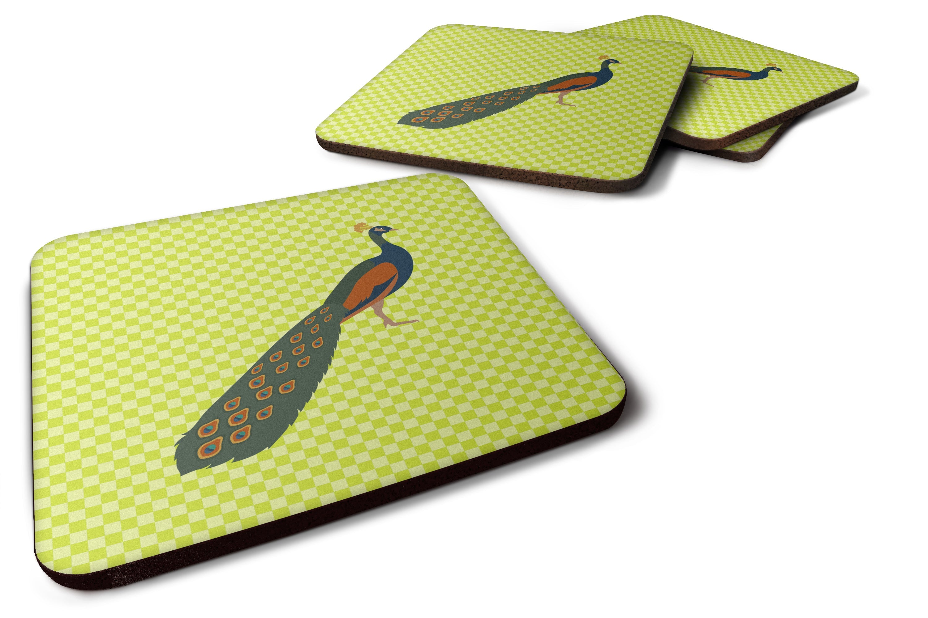 Indian Peacock Peafowl Green Foam Coasters Set of 4 Cup Coasters for Indoor Outdoor, Tabletop Protection, Anti Slip, Mouse pad Material