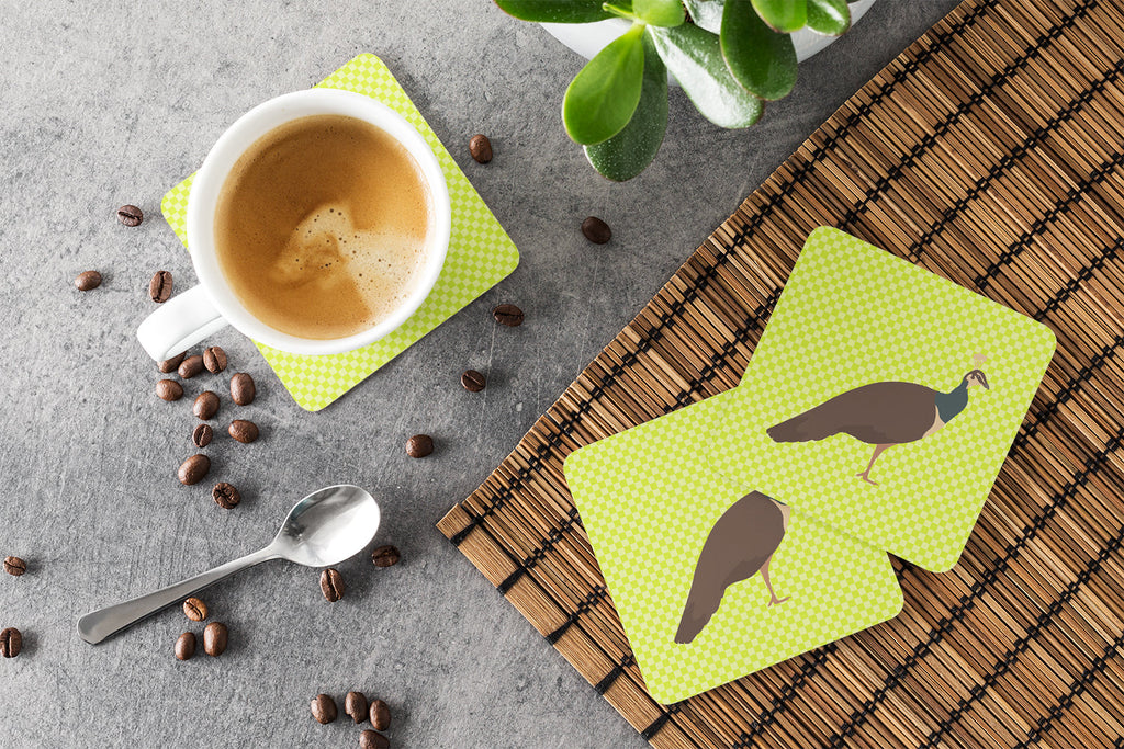 Indian Peahen Peafowl Green Foam Coasters Set of 4 Cup Coasters for Indoor Outdoor, Tabletop Protection, Anti Slip, Mouse pad Material