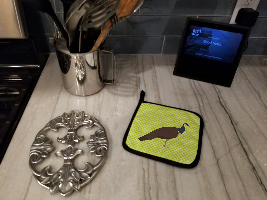 Indian Peahen Peafowl Green Pot Holder Set of 2 Heat Resistant Quilted Hot Pads 7.5 x 7.5 Inch, Insulated Kitchen Trivets for Cooking & Baking