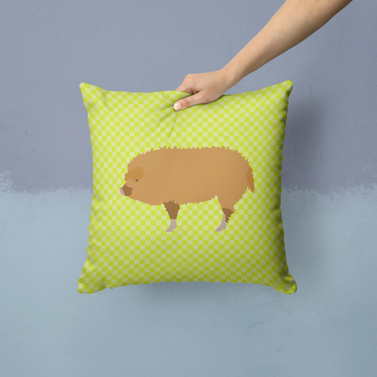 Hungarian Mangalica Pig Green Decorative Throw Pillow 14x14 Indoor Outdoor Accent Cushion, Fabric Cover with Insert for Sofa, Bed, Porch & Living Room