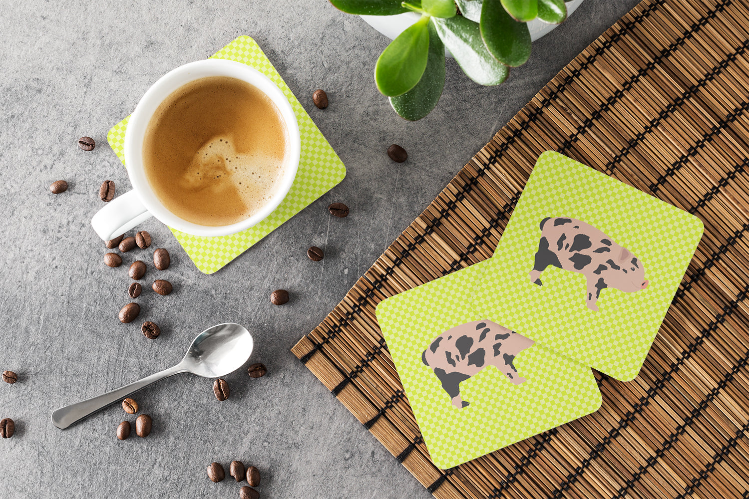 Mini Miniature Pig Green Foam Coasters Set of 4 Cup Coasters for Indoor Outdoor, Tabletop Protection, Anti Slip, Mouse pad Material