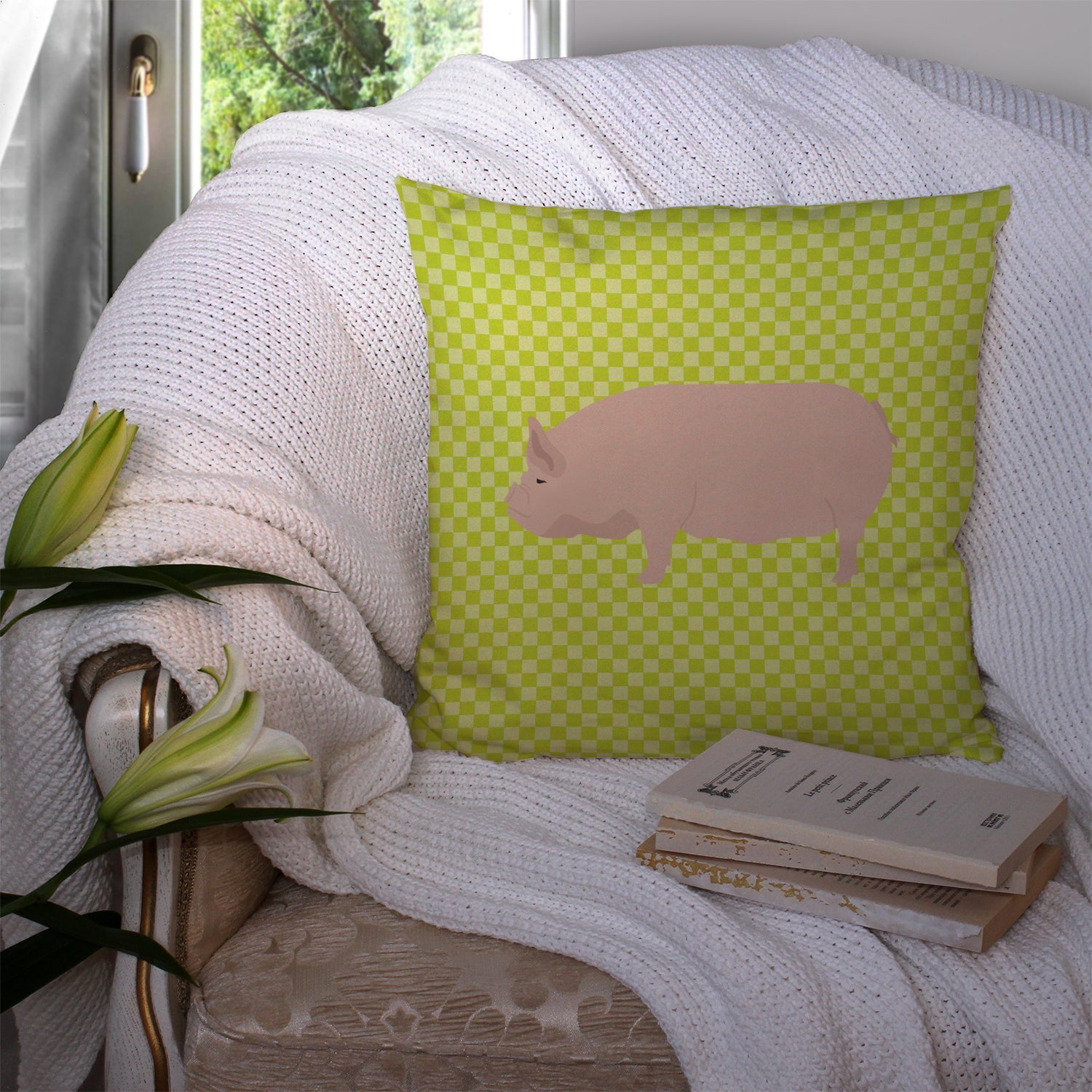 Welsh Pig Green Decorative Throw Pillow 14x14 Indoor Outdoor Accent Cushion, Fabric Cover with Insert for Sofa, Bed, Porch & Living Room