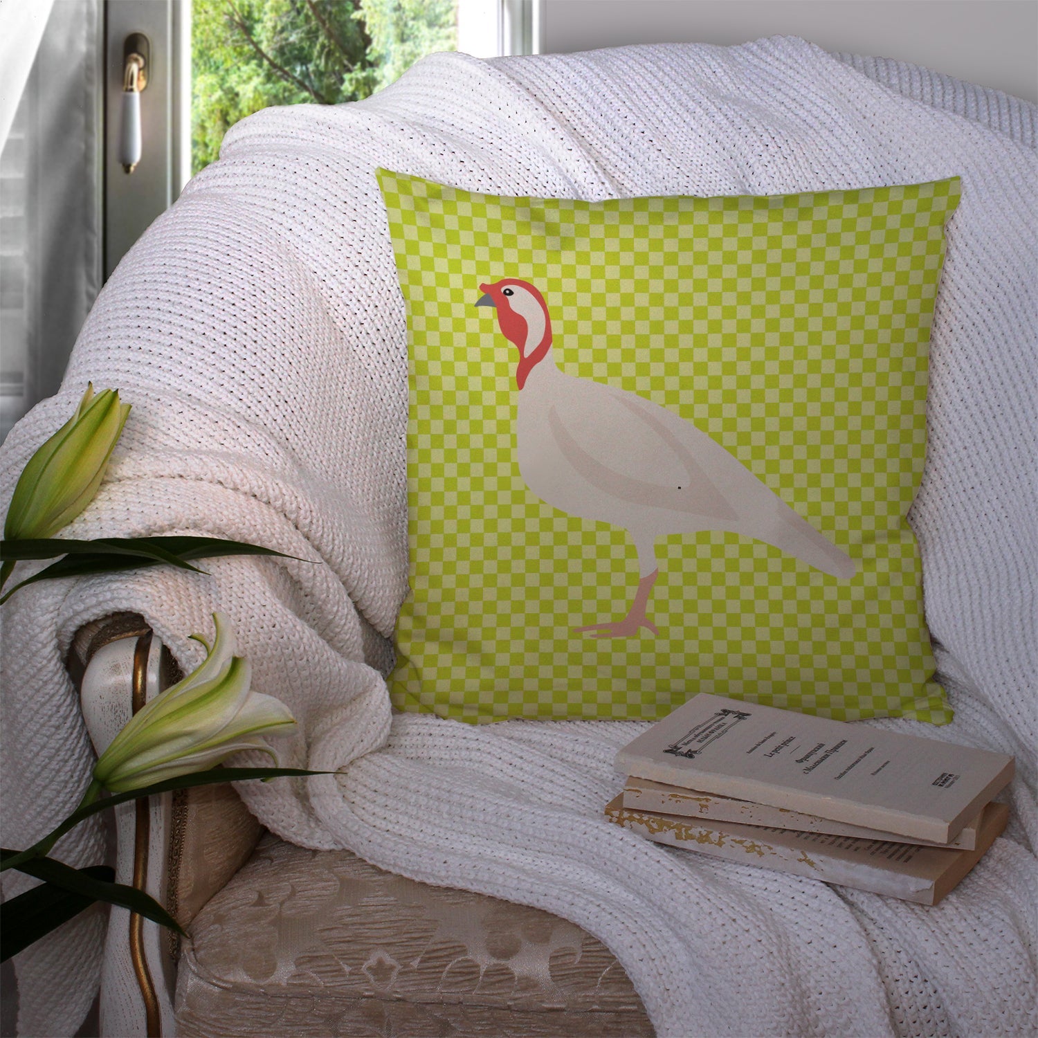 Beltsville Small White Turkey Hen Green Decorative Throw Pillow 14x14 Indoor Outdoor Accent Cushion, Fabric Cover with Insert for Sofa, Bed, Porch & Living Room