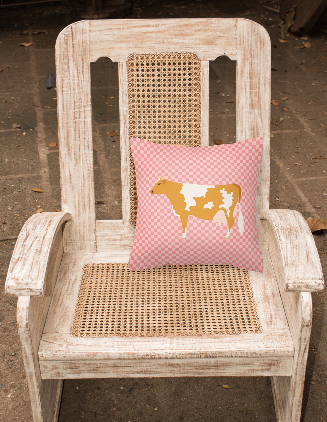 Guernsey Cow Pink Check Decorative Throw Pillow 18x18 Indoor Outdoor Accent Cushion, Fabric Cover with Insert for Sofa, Bed, Porch & Living Room