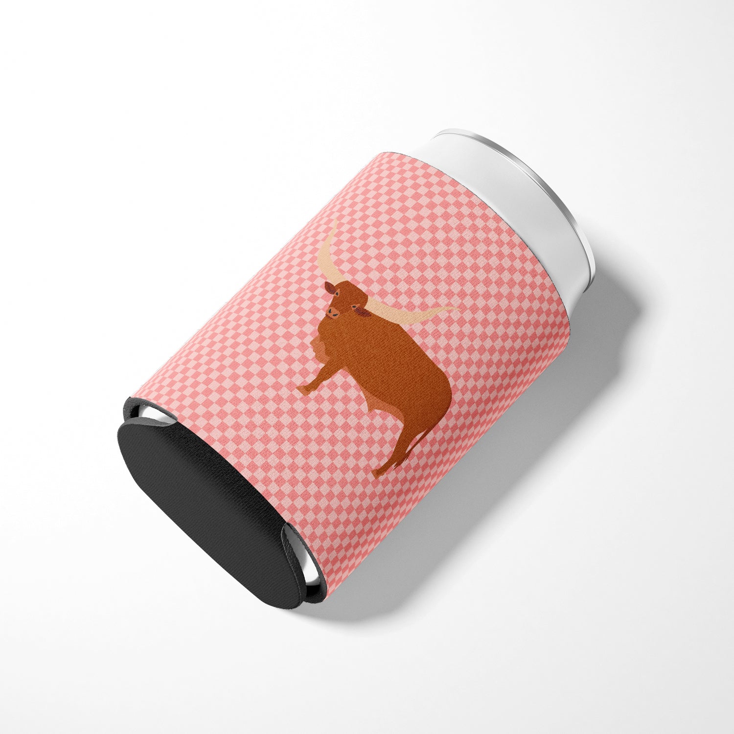 Ankole-Watusu Cow Pink Check Can or Bottle Hugger Cooler Sleeve for Standard 12 oz Cans, Insulated Foam Beer & Soda Can Hugger Reusable