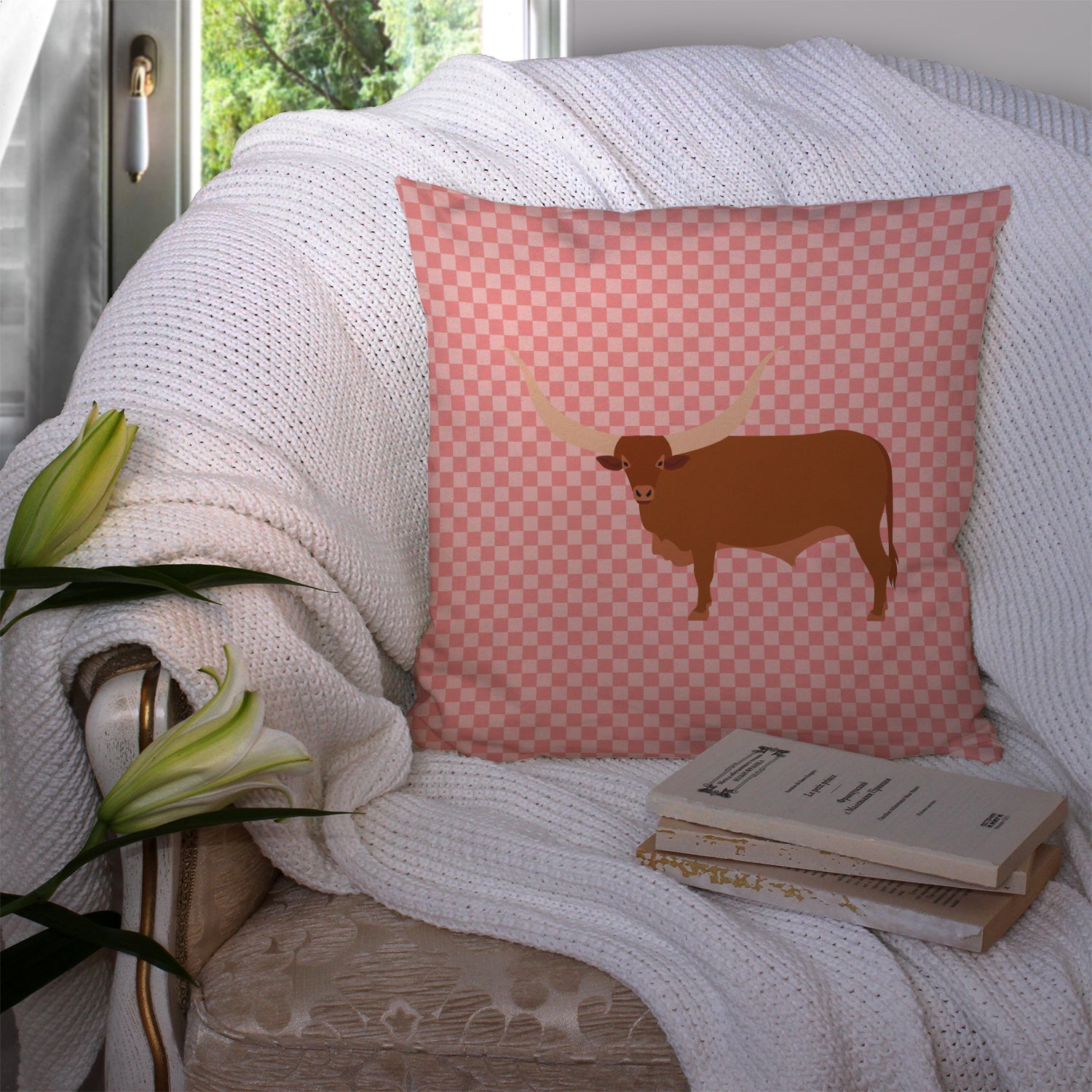 Ankole-Watusu Cow Pink Check Decorative Throw Pillow 14x14 Indoor Outdoor Accent Cushion, Fabric Cover with Insert for Sofa, Bed, Porch & Living Room
