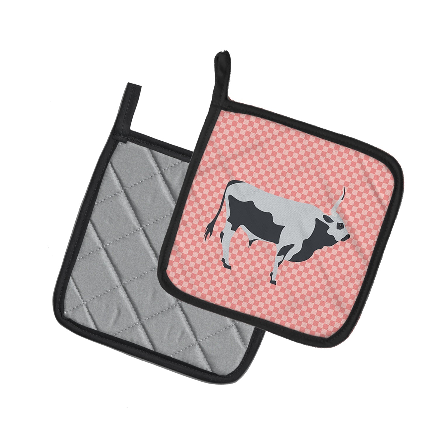 Hungarian Grey Steppe Cow Pink Check Pot Holder Set of 2 Heat Resistant Quilted Hot Pads 7.5 x 7.5 Inch, Insulated Kitchen Trivets for Cooking & Baking