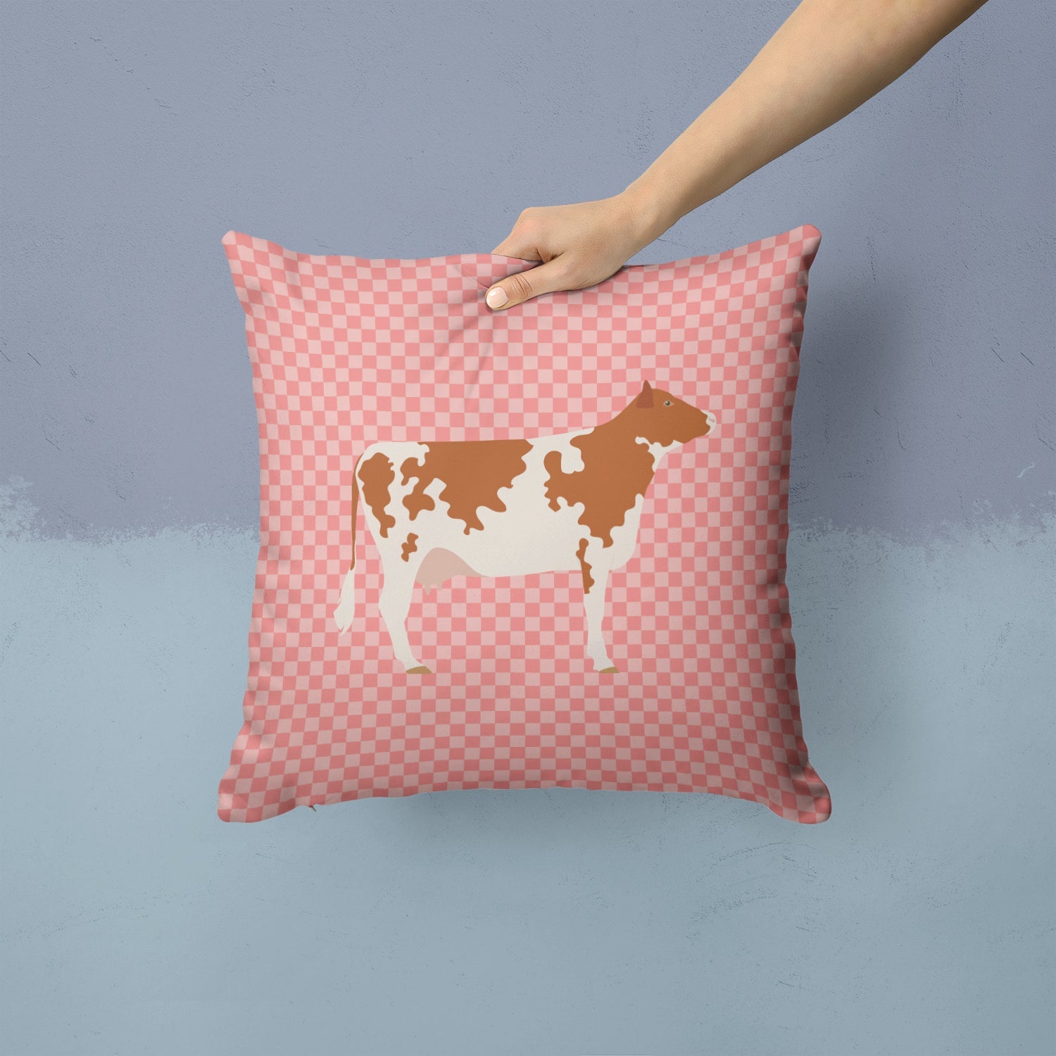 Ayrshire Cow Pink Check Decorative Throw Pillow 14x14 Indoor Outdoor Accent Cushion, Fabric Cover with Insert for Sofa, Bed, Porch & Living Room