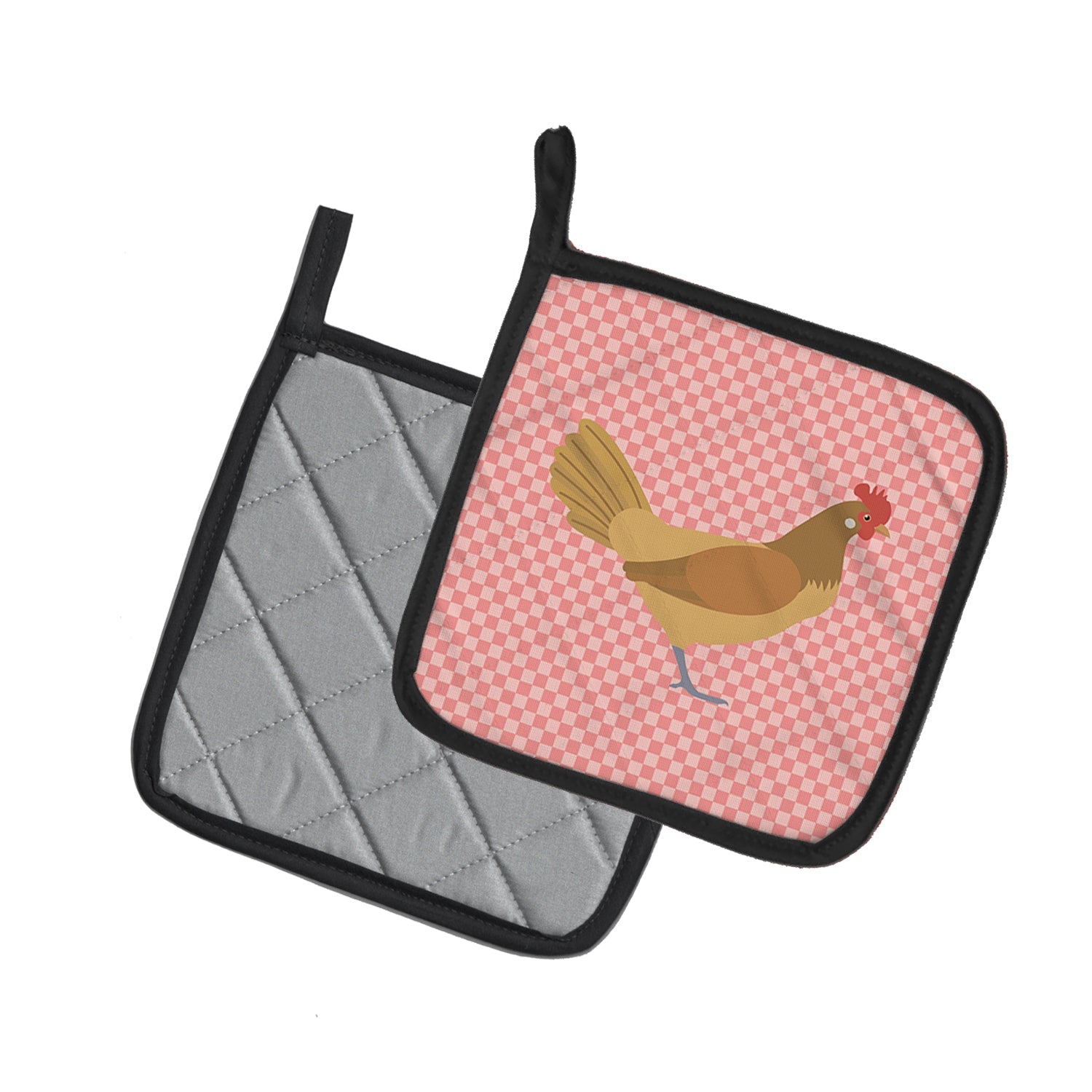 Frisian Friesian Chicken Pink Check Pot Holder Set of 2 Heat Resistant Quilted Hot Pads 7.5 x 7.5 Inch, Insulated Kitchen Trivets for Cooking & Baking