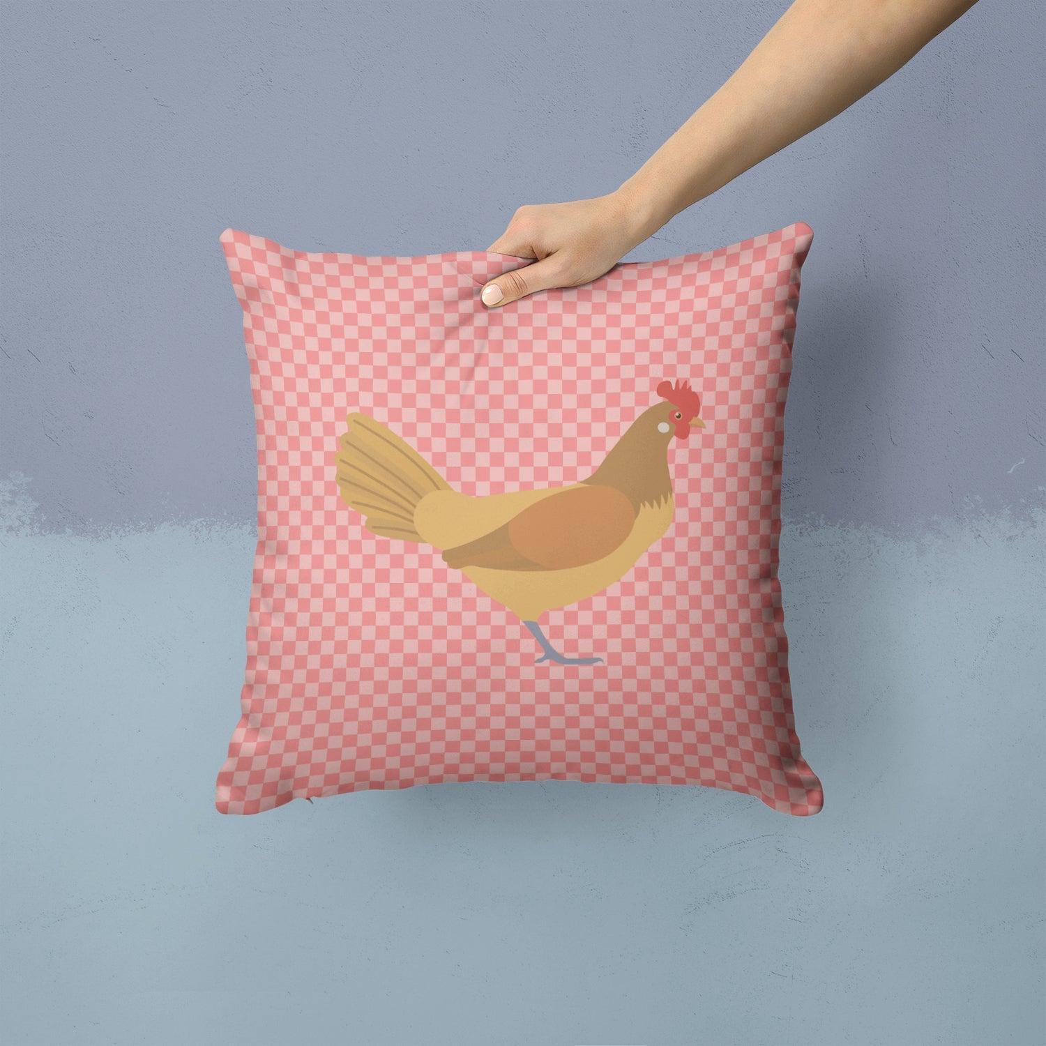 Frisian Friesian Chicken Pink Check Decorative Throw Pillow 14x14 Indoor Outdoor Accent Cushion, Fabric Cover with Insert for Sofa, Bed, Porch & Living Room