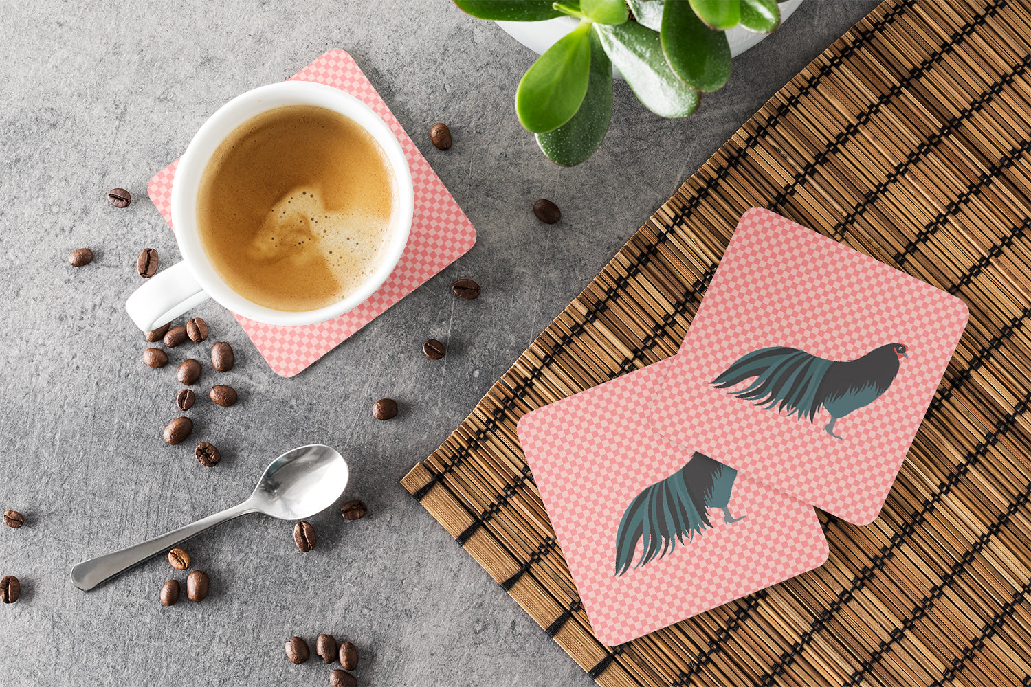 Sumatra Chicken Pink Check Foam Coasters Set of 4 Cup Coasters for Indoor Outdoor, Tabletop Protection, Anti Slip, Mouse pad Material