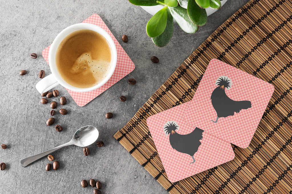 Polish Poland Chicken Pink Check Foam Coasters Set of 4 Cup Coasters for Indoor Outdoor, Tabletop Protection, Anti Slip, Mouse pad Material