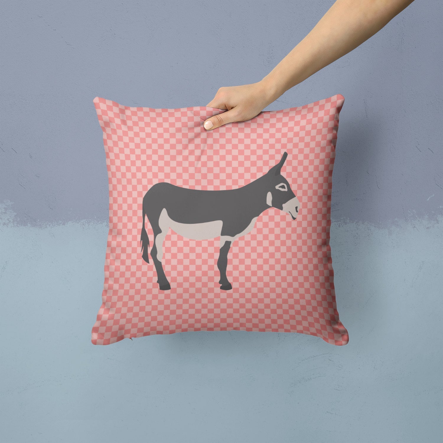 American Mammoth Jack Donkey Pink Check Decorative Throw Pillow 14x14 Indoor Outdoor Accent Cushion, Fabric Cover with Insert for Sofa, Bed, Porch & Living Room
