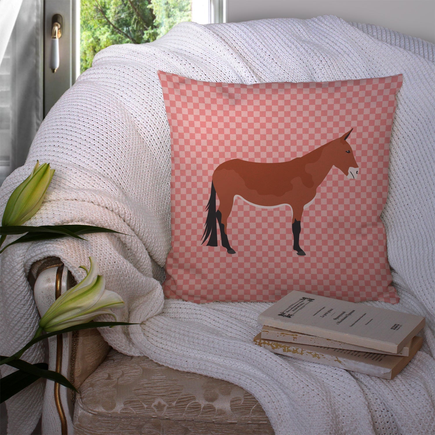 Mule Pink Check Decorative Throw Pillow 14x14 Indoor Outdoor Accent Cushion, Fabric Cover with Insert for Sofa, Bed, Porch & Living Room