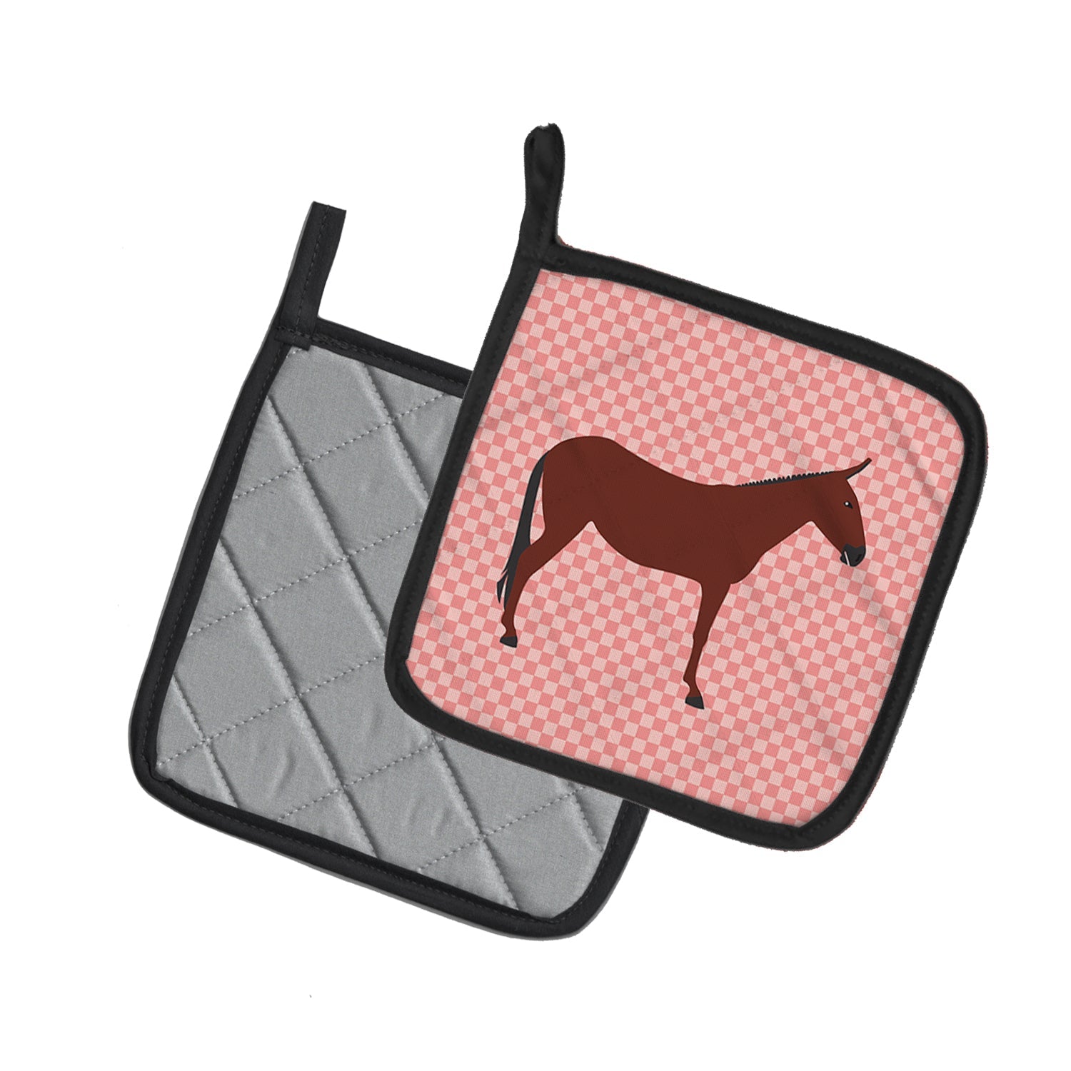 Hinny Horse Donkey Pink Check Pot Holder Set of 2 Heat Resistant Quilted Hot Pads 7.5 x 7.5 Inch, Insulated Kitchen Trivets for Cooking & Baking