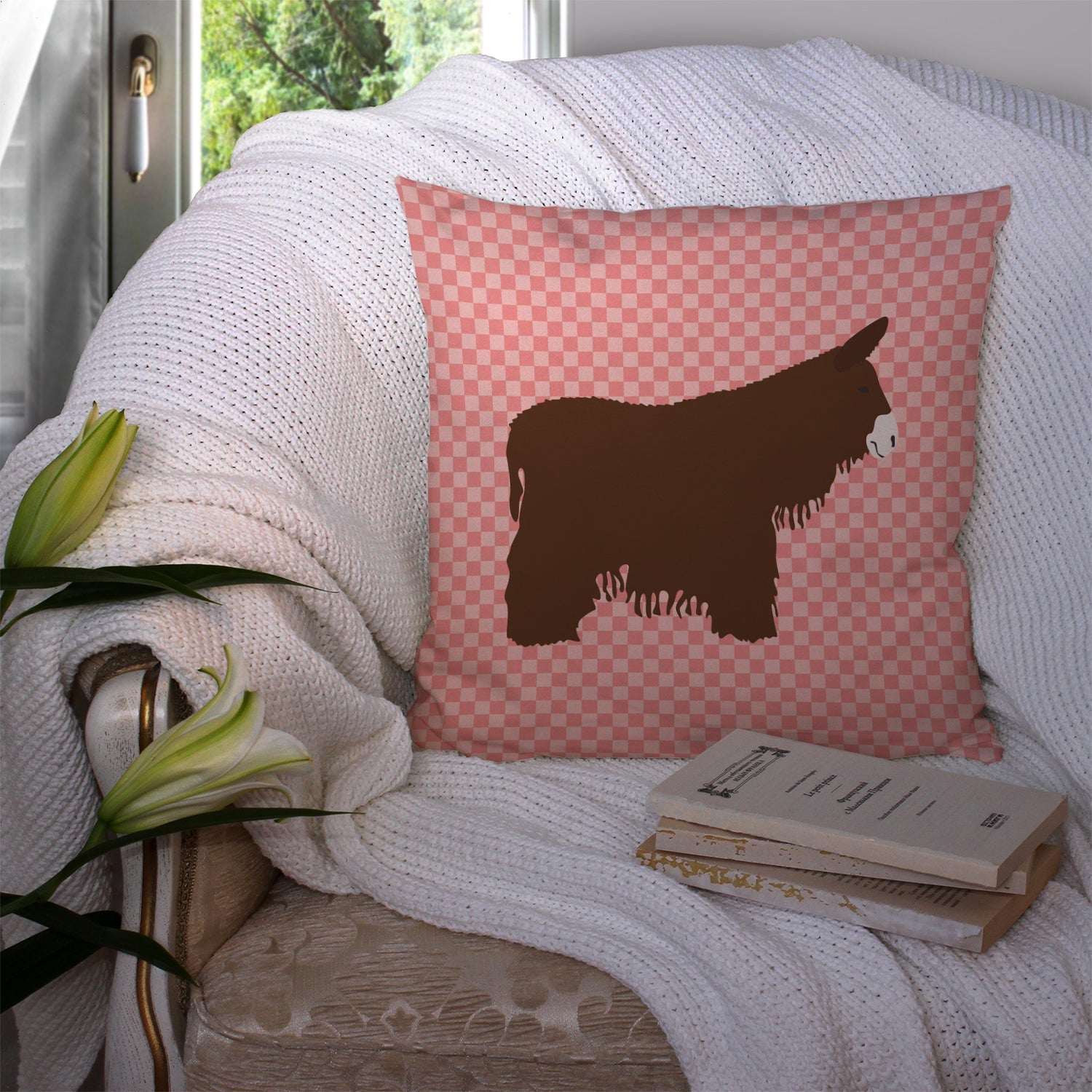 Poitou Poiteuin Donkey Pink Check Decorative Throw Pillow 14x14 Indoor Outdoor Accent Cushion, Fabric Cover with Insert for Sofa, Bed, Porch & Living Room