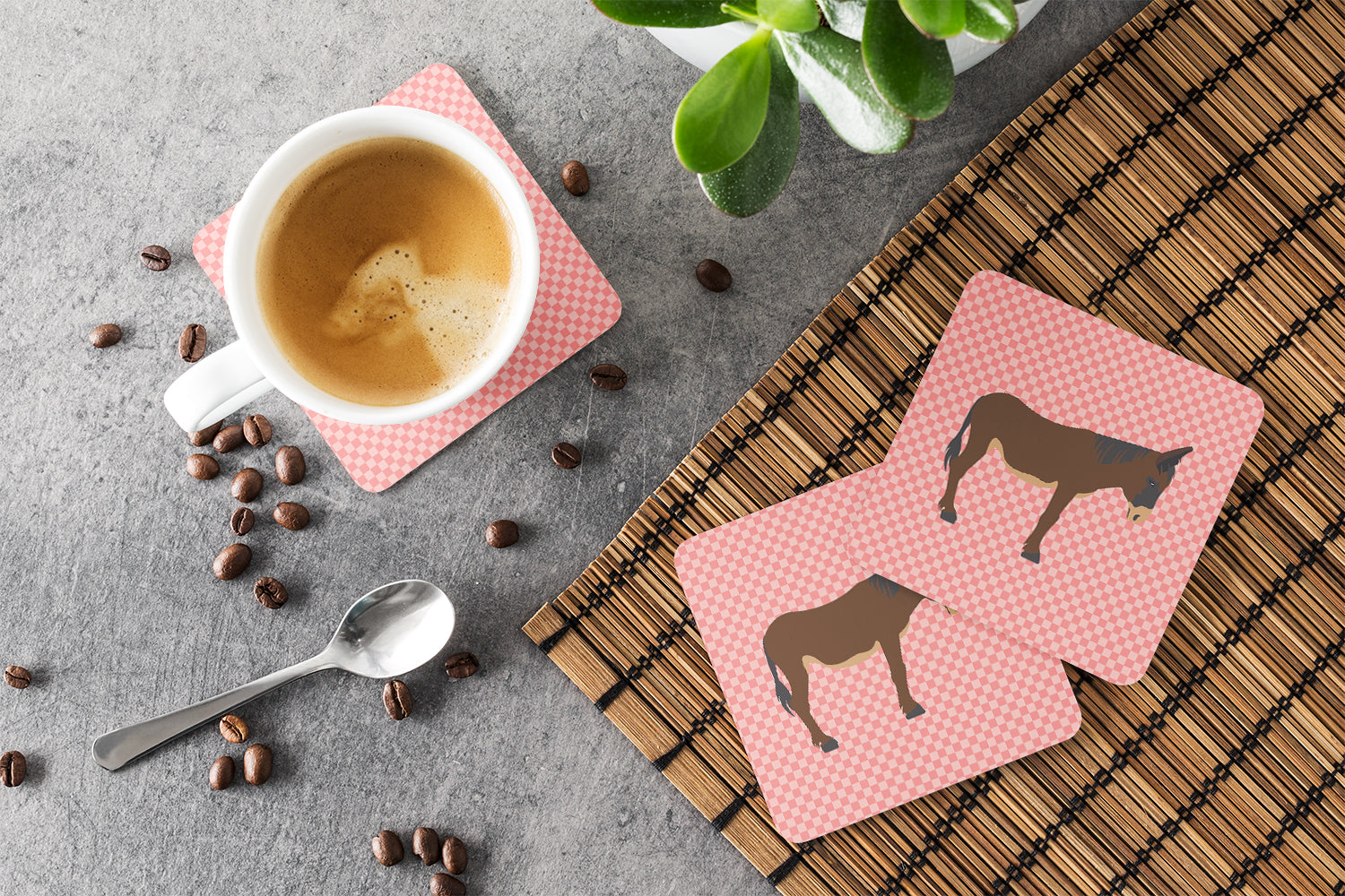 Zamorano-Leones Donkey Pink Check Foam Coasters Set of 4 Cup Coasters for Indoor Outdoor, Tabletop Protection, Anti Slip, Mouse pad Material