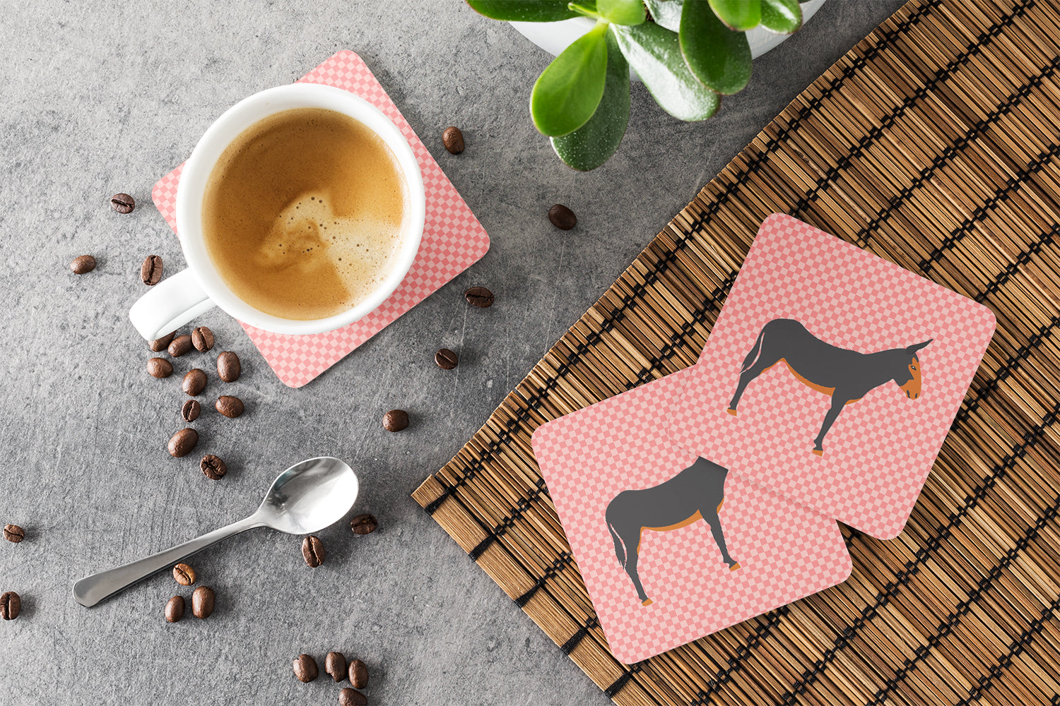 Catalan Donkey Pink Check Foam Coasters Set of 4 Cup Coasters for Indoor Outdoor, Tabletop Protection, Anti Slip, Mouse pad Material