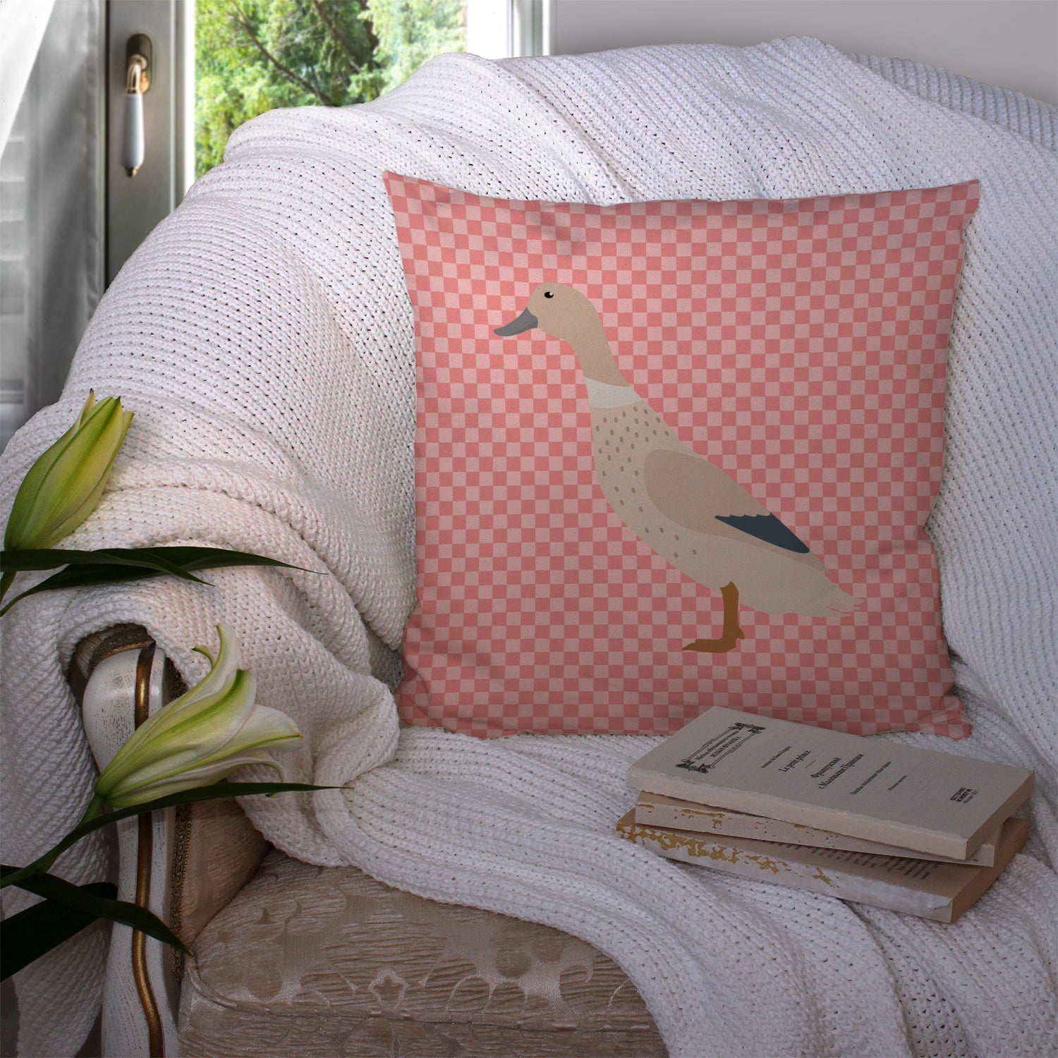 West Harlequin Duck Pink Check Decorative Throw Pillow 14x14 Indoor Outdoor Accent Cushion, Fabric Cover with Insert for Sofa, Bed, Porch & Living Room
