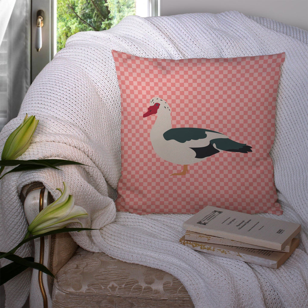 Muscovy Duck Pink Check Decorative Throw Pillow 14x14 Indoor Outdoor Accent Cushion, Fabric Cover with Insert for Sofa, Bed, Porch & Living Room