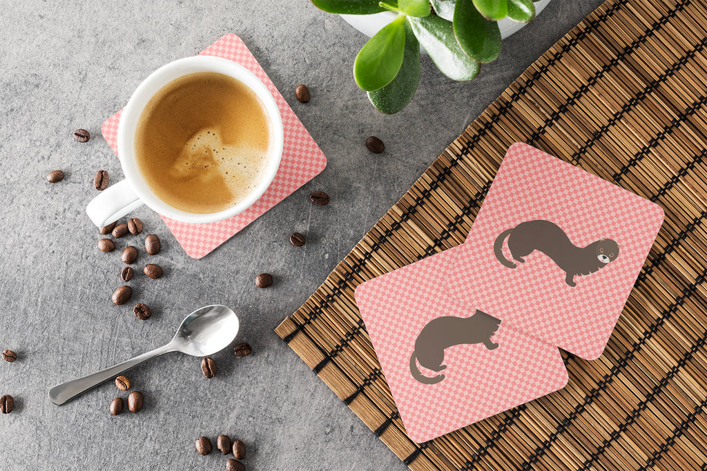 Russian or European Mink Pink Check Foam Coasters Set of 4 Cup Coasters for Indoor Outdoor, Tabletop Protection, Anti Slip, Mouse pad Material