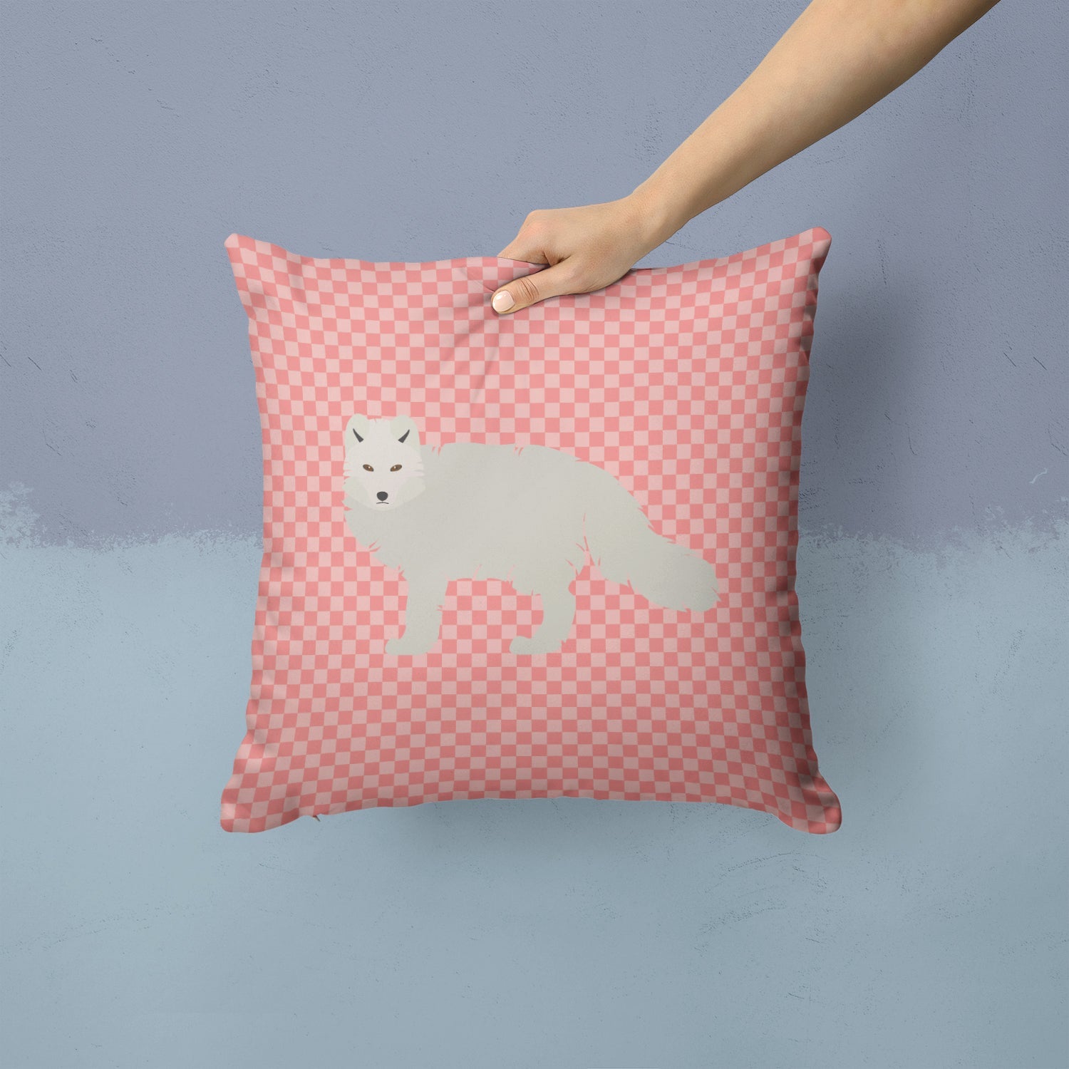 White Arctic Fox Pink Check Decorative Throw Pillow 14x14 Indoor Outdoor Accent Cushion, Fabric Cover with Insert for Sofa, Bed, Porch & Living Room