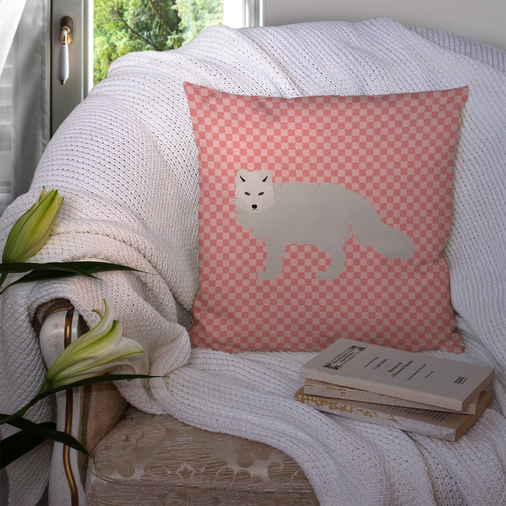 White Arctic Fox Pink Check Decorative Throw Pillow 14x14 Indoor Outdoor Accent Cushion, Fabric Cover with Insert for Sofa, Bed, Porch & Living Room