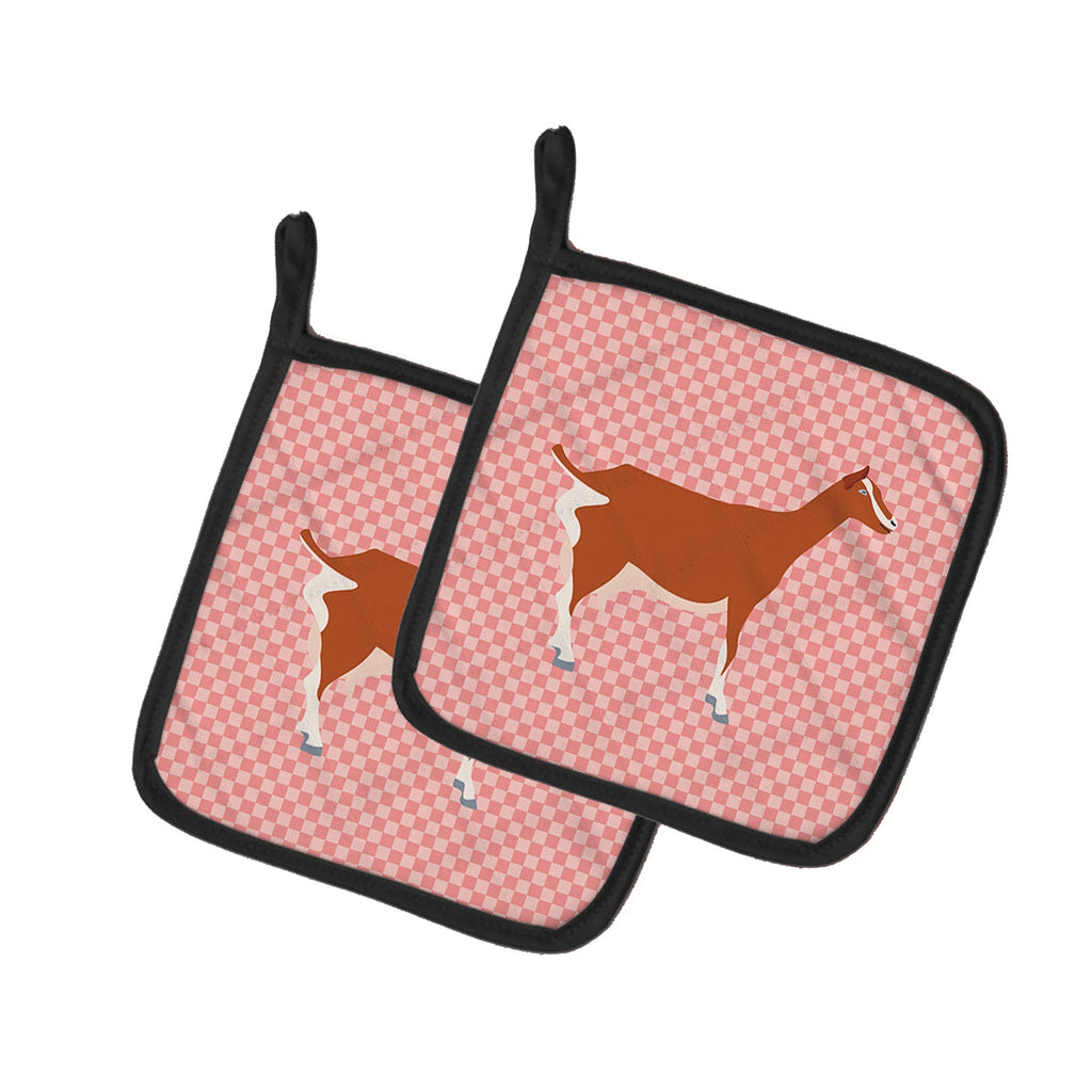 Toggenburger Goat Pink Check Pot Holder Set of 2 Heat Resistant Quilted Hot Pads 7.5 x 7.5 Inch, Insulated Kitchen Trivets for Cooking & Baking