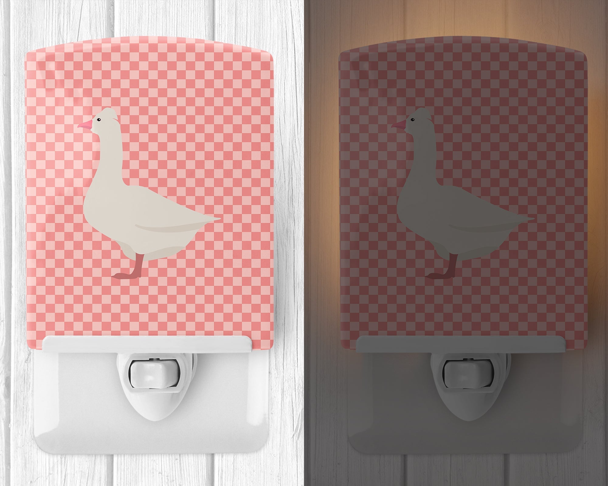 Roman Goose Pink Check Ceramic Night Light Compact, UL-Certified, Ideal for Bedroom, Bathroom, Nursery, Hallway, Kitchen, 6x4x3, Multicolor